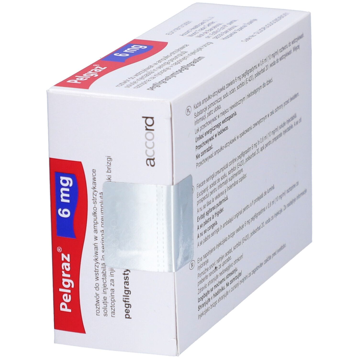 Schräg gestellte Pelgraz 6 mg Verpackung. Weiße Verpackung mit rotem und blauem Akzent.
