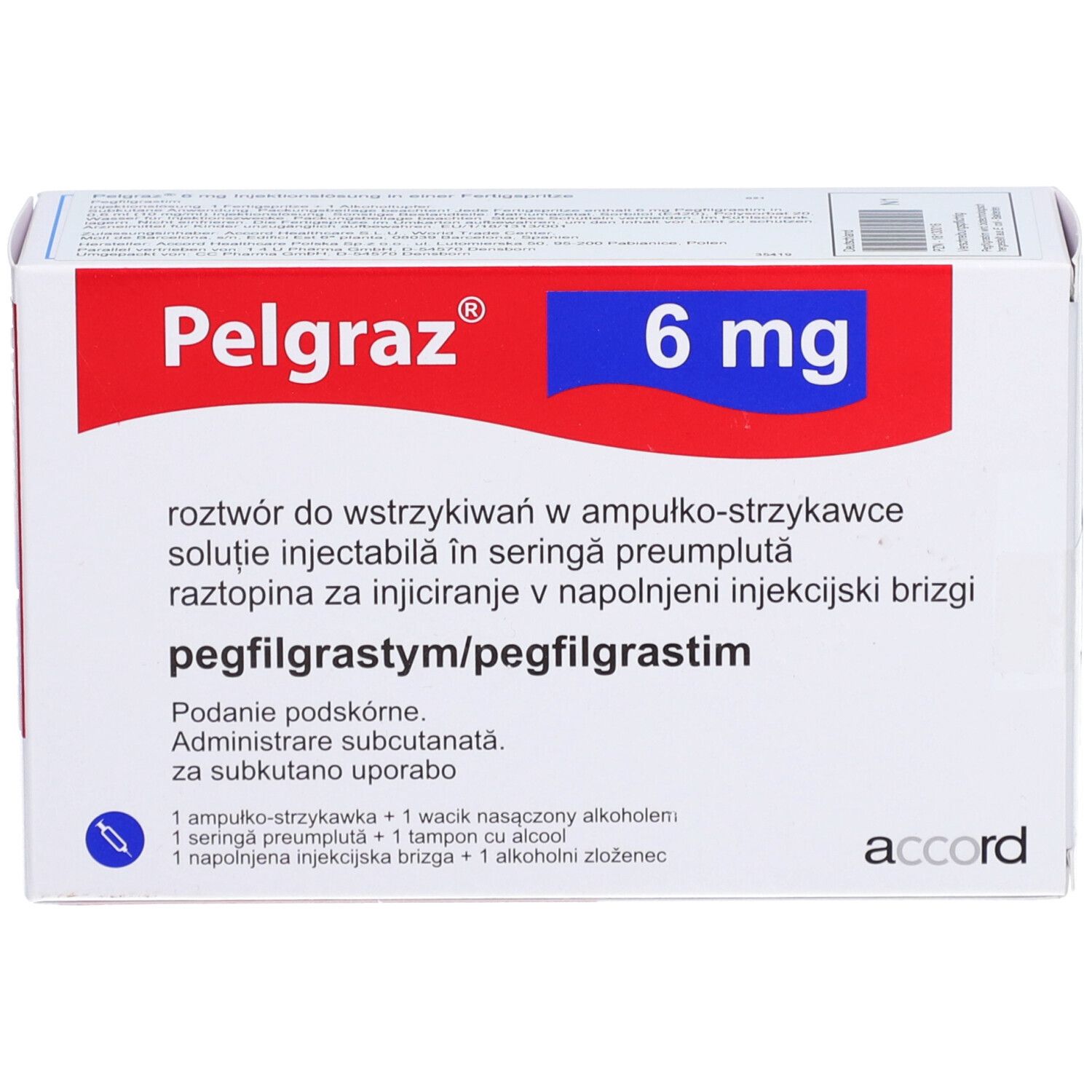 Pelgraz 6 mg Verpackung. Weiße Verpackung mit rotem und blauem Akzent. Text in mehreren Sprachen.