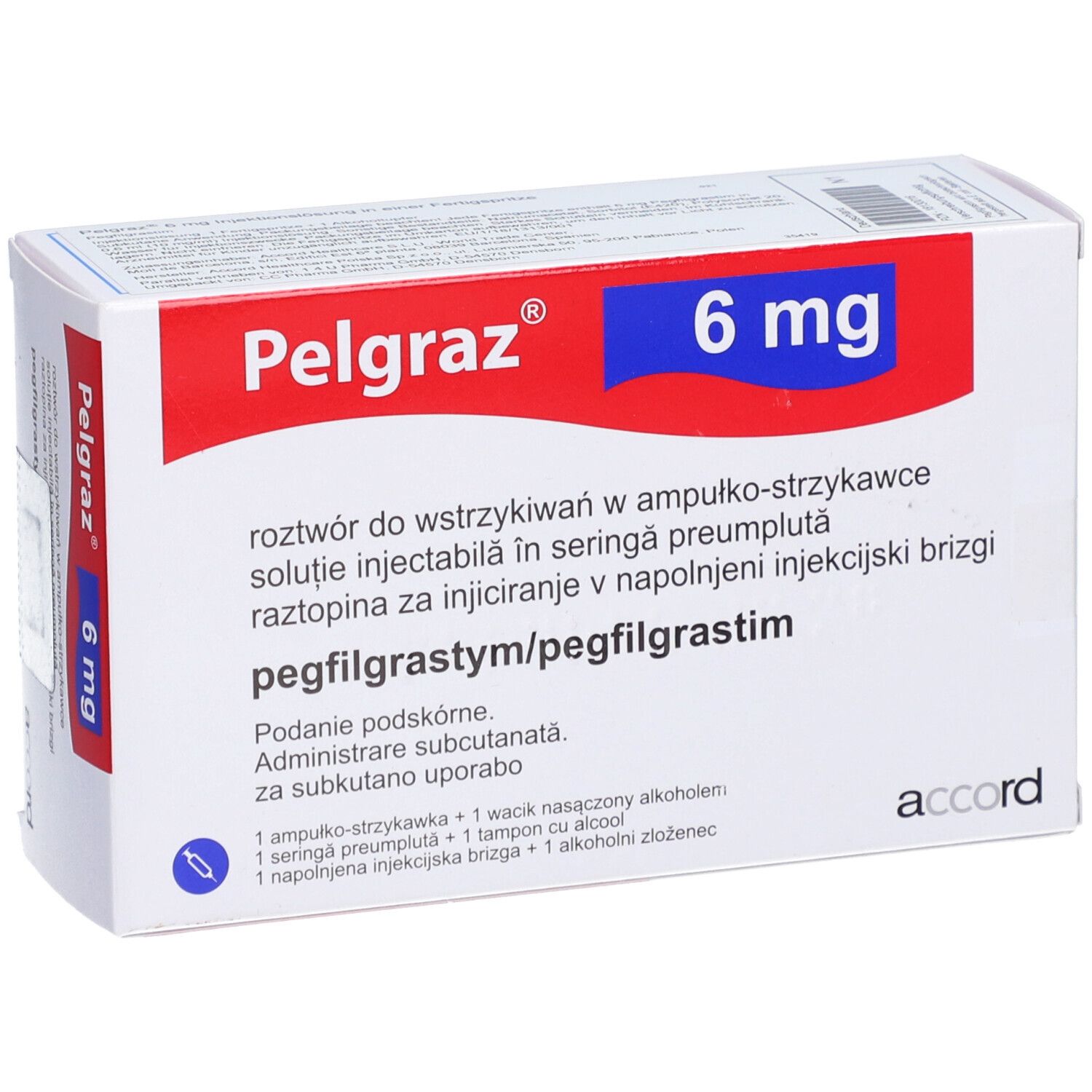 Pelgraz 6 mg Verpackung. Weiße Verpackung mit rotem und blauem Akzent. Text in mehreren Sprachen.