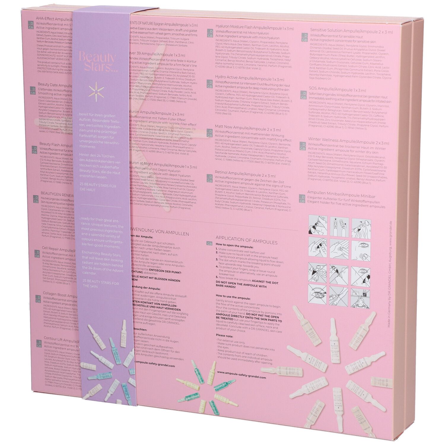 Rückseite der rosa Geschenkbox. Text und Abbildungen. Lila Band mit Text. Ampullen-Anordnung. Anweisungen zur Anwendung.