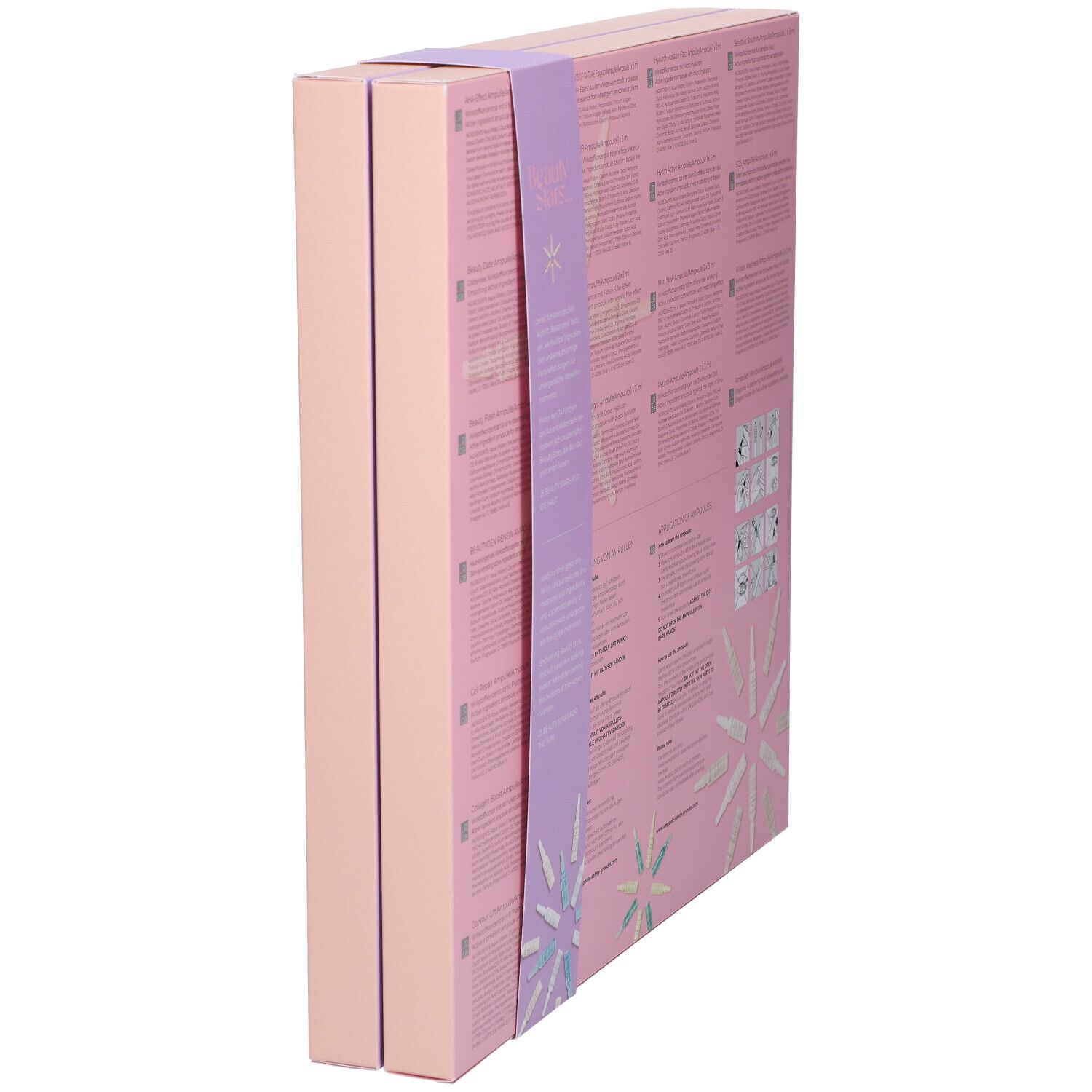 Seitliche Ansicht der rosa Geschenkbox. Aufschrift DR. GRANDEL und BeautyStars. Lila Band mit Text. Text und Abbildungen auf der Rückseite.