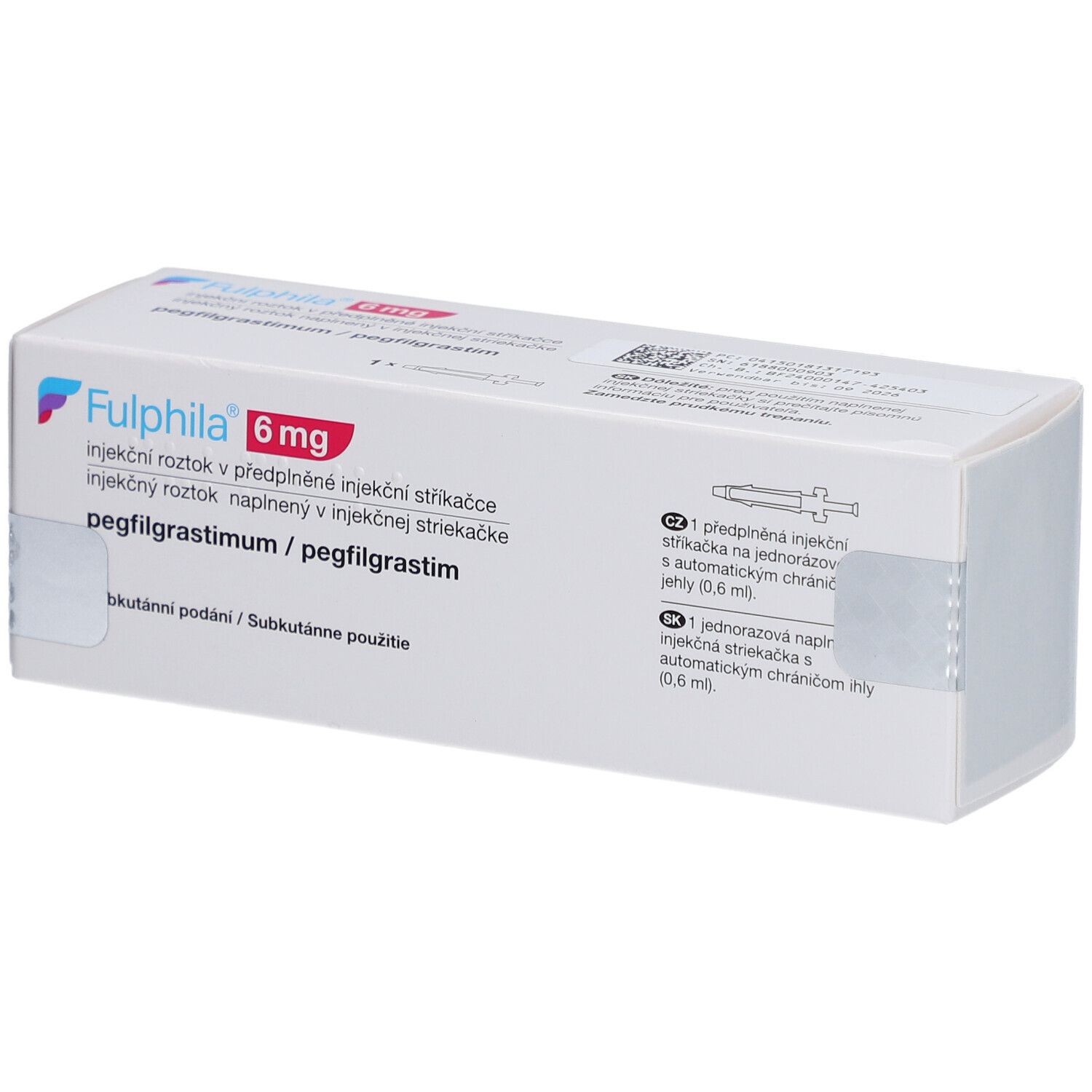 Weiße rechteckige Faltschachtel. Aufdruck: FULPHILA 6 mg, Injektionslösung in Fertigspritze. Text in mehreren Sprachen.