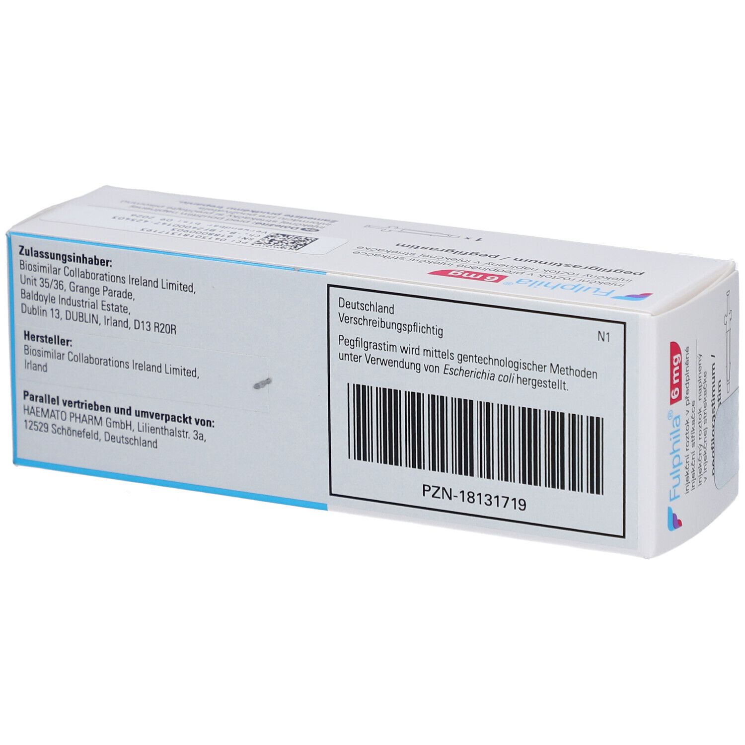 Rückseite der weißen Faltschachtel. Text: Zulassungsinhaber, Hersteller, PZN-18131719. Barcode und Text in Deutsch.
