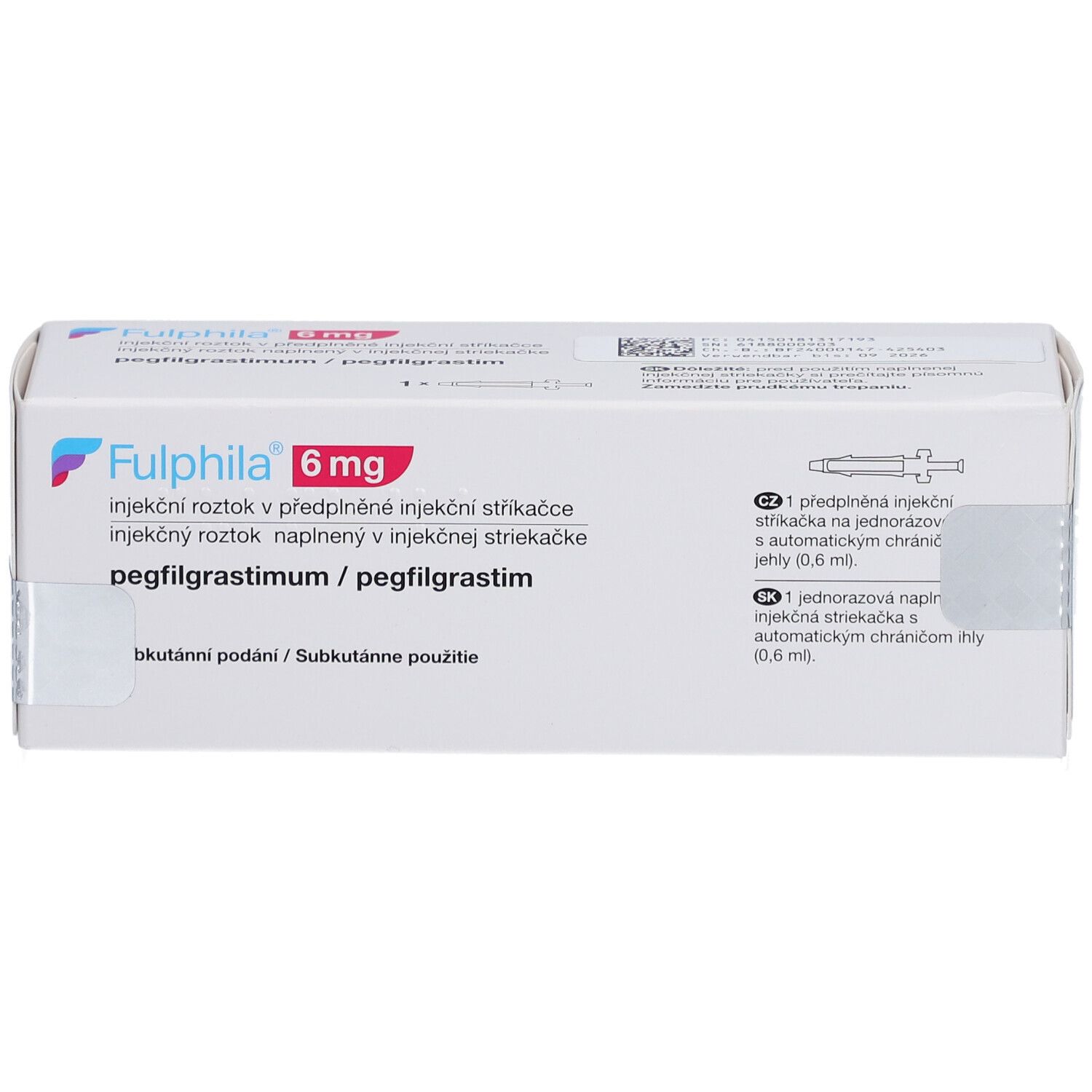 Weiße rechteckige Faltschachtel. Aufdruck: FULPHILA 6 mg, Injektionslösung in Fertigspritze. Text in mehreren Sprachen.