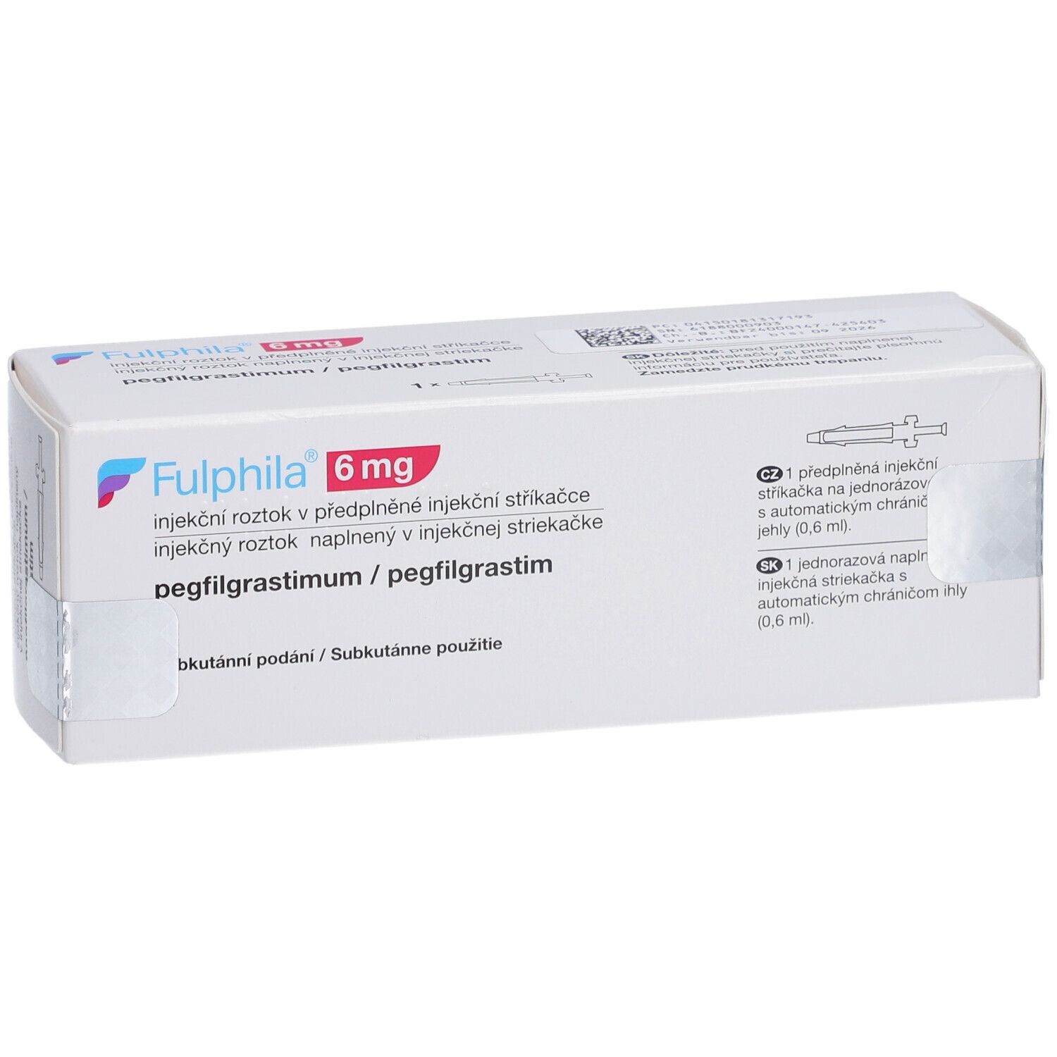 Weiße rechteckige Faltschachtel. Aufdruck: FULPHILA 6 mg, Injektionslösung in Fertigspritze. Text in mehreren Sprachen.