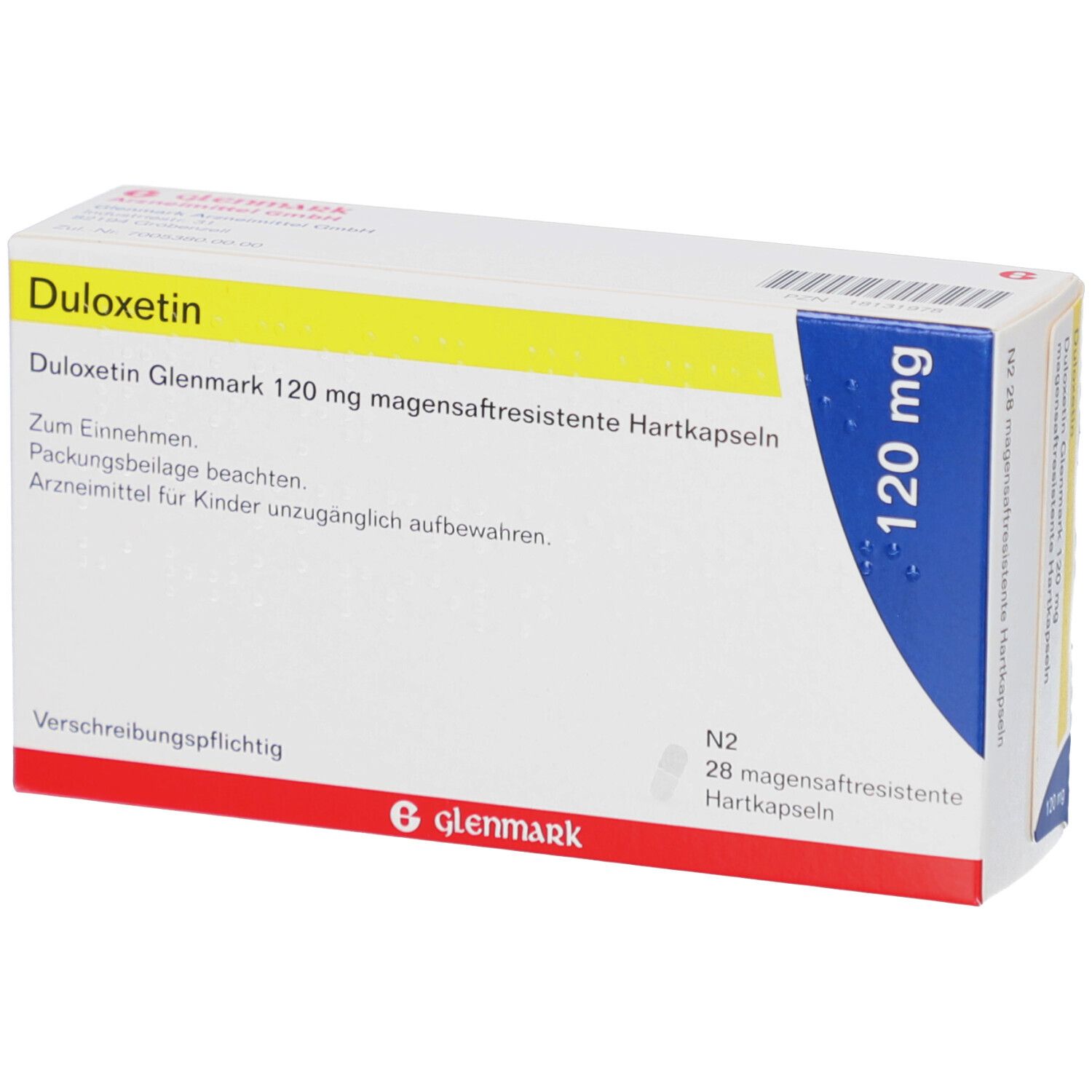 DULOXETIN Glenmark 120 mg magensaftres. Hartkapseln. Weiße Faltschachtel mit gelben und blauen Akzenten. Text und Logo.