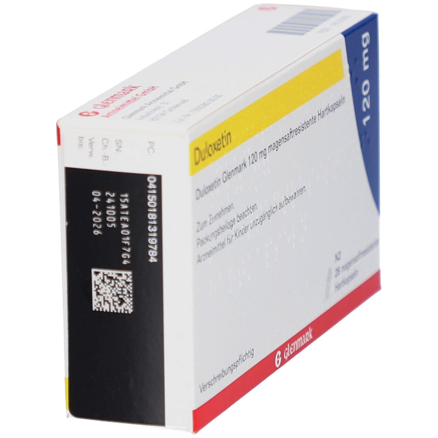DULOXETIN Glenmark 120 mg Faltschachtel, schräg. Weiße Verpackung mit gelben und blauen Akzenten. Text und Logo.
