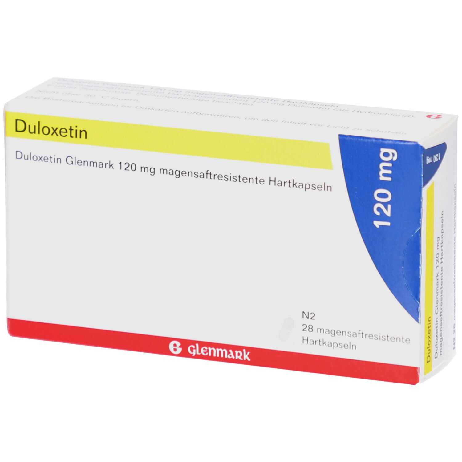 DULOXETIN Glenmark 120 mg magensaftres. Hartkapseln. Weiße Faltschachtel mit roten und blauen Akzenten. Text und Logo.