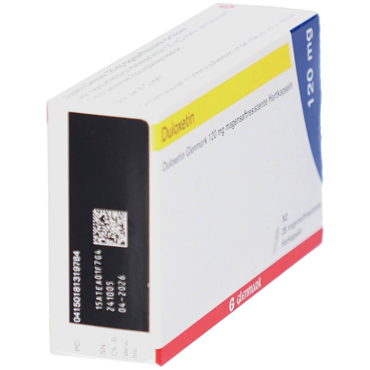 DULOXETIN Glenmark 120 mg Faltschachtel, schräg. Weiße Verpackung mit roten und blauen Akzenten. Text und Logo.