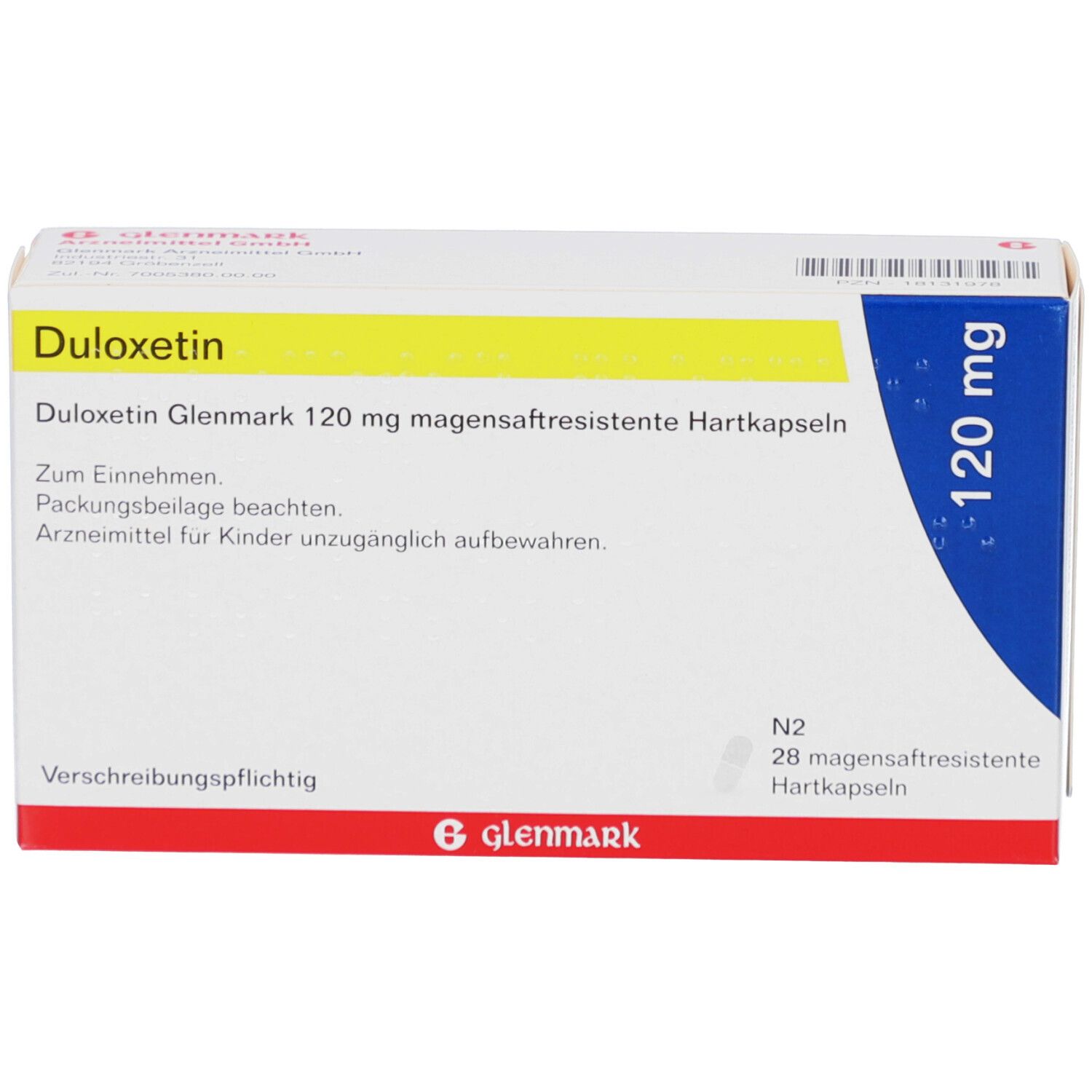 DULOXETIN Glenmark 120 mg magensaftres. Hartkapseln. Weiße Faltschachtel mit blauen Akzenten. Text und Logo.