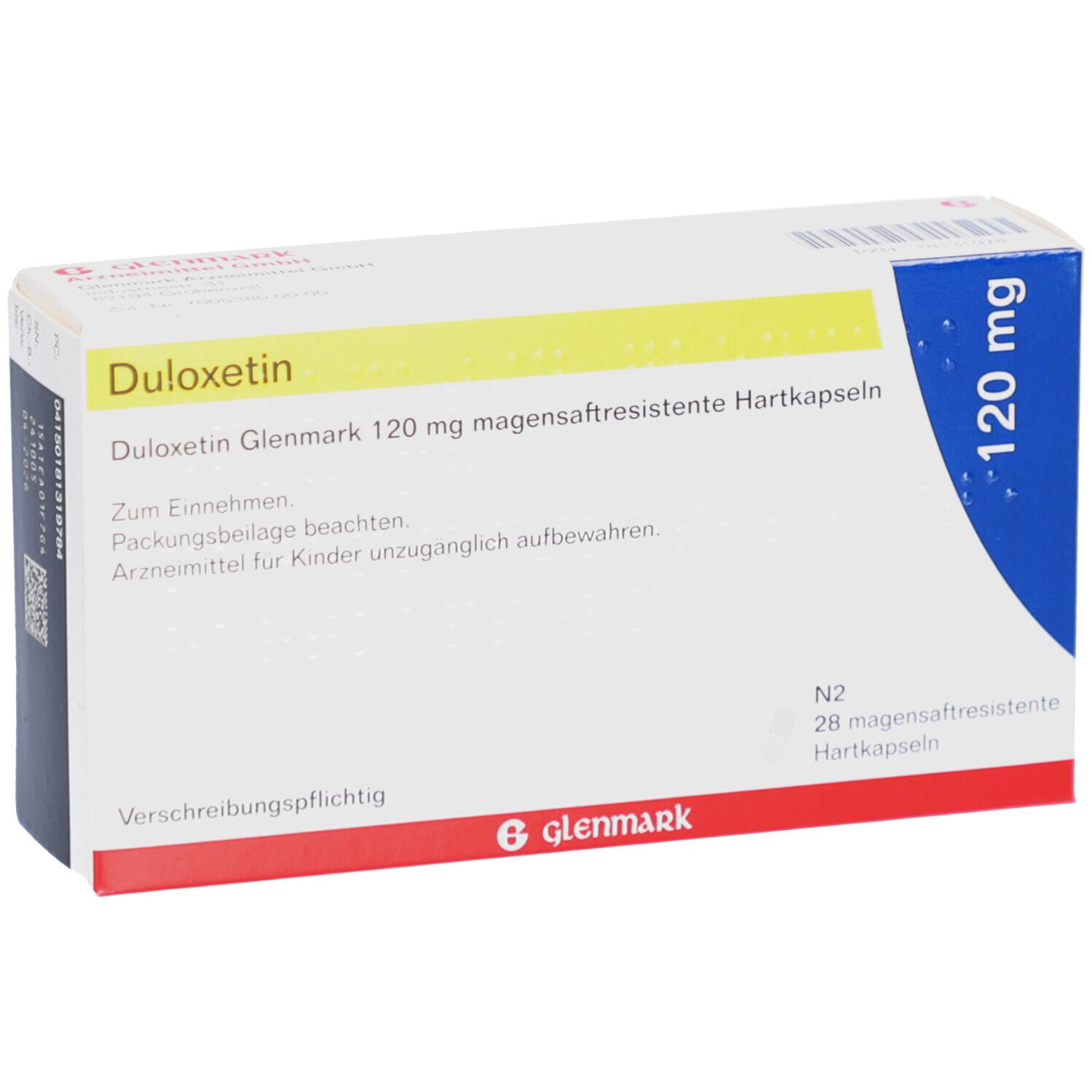 DULOXETIN Glenmark 120 mg magensaftres. Hartkapseln. Weiße Faltschachtel mit blauen Akzenten. Text und Logo.