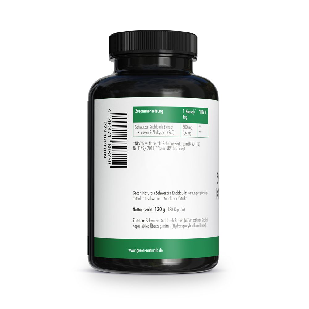 Zusammensetzung: Schwarzer Knoblauch Extrakt 600 mg, S-Allylcystein 0,6 mg.