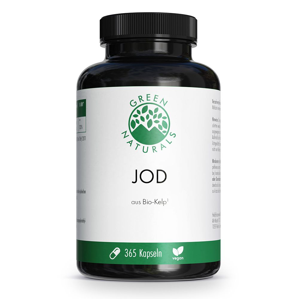 Schwarze Flasche mit weißem Etikett. Aufschrift: GREEN NATURALS JOD aus Bio-Kelp. 365 Kapseln. Vegan.
