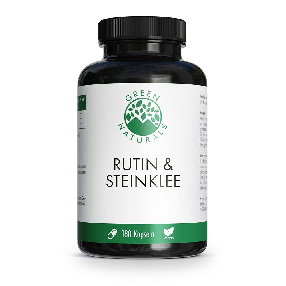 Schwarze Dose mit grünem Etikett: GREEN NATURALS Rutin & Steinklee, 180 Kapseln, vegan.
