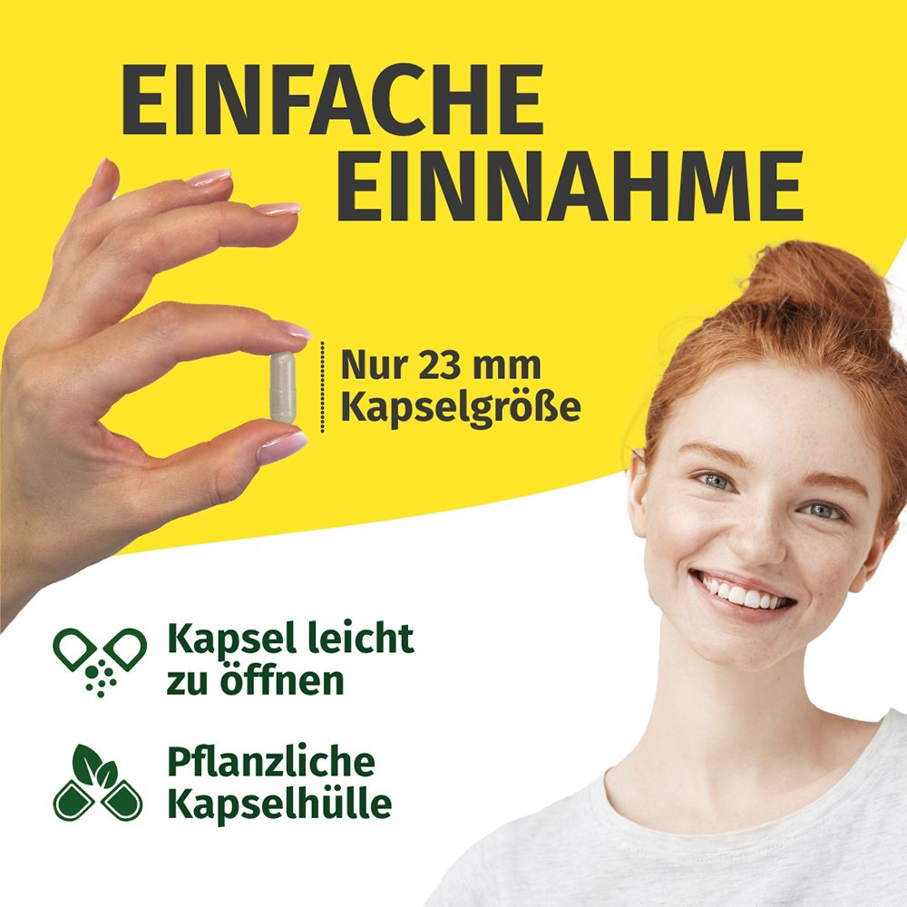 Frau hält eine Kapsel (23 mm) vor gelbem Hintergrund. "Einfache Einnahme".