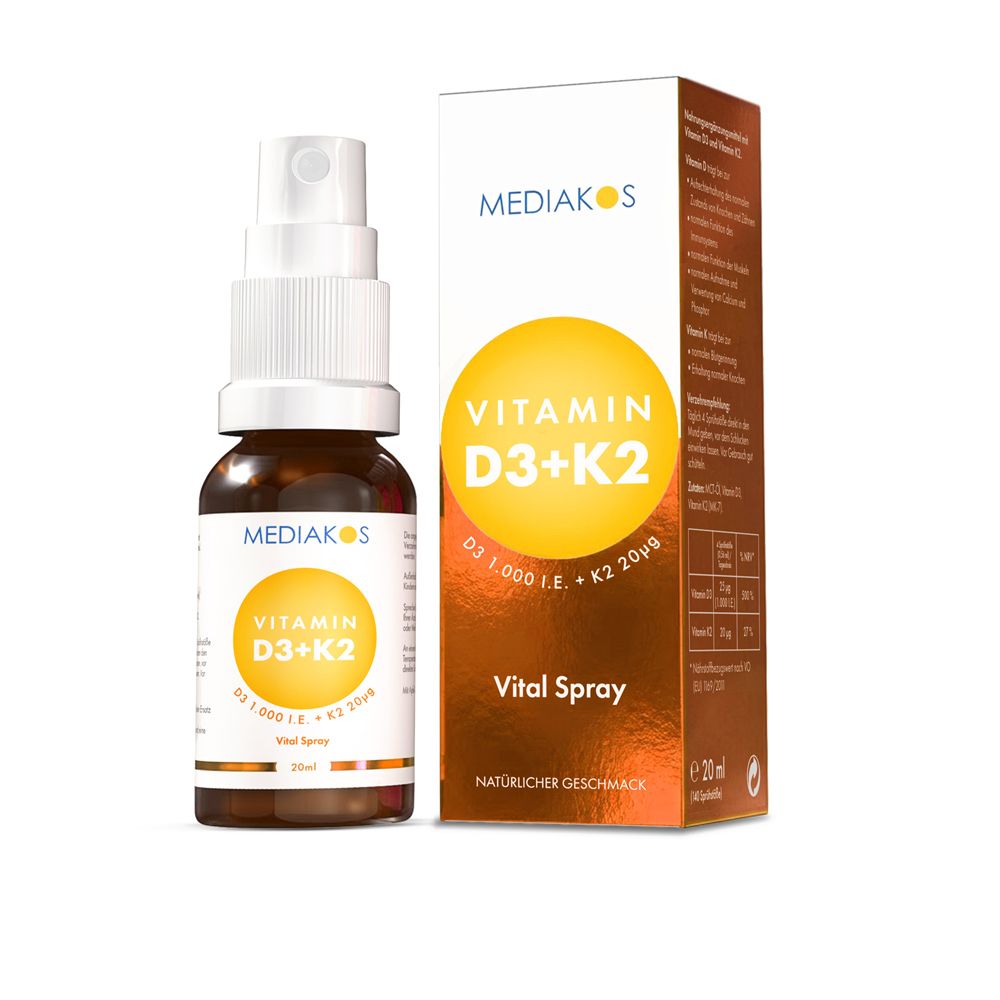 MEDIAKOS Vitamin D3+K2 Vital Spray Flasche und Karton.