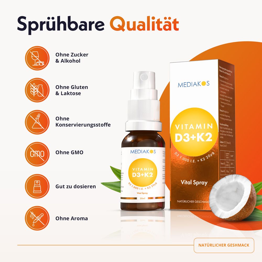 MEDIAKOS Vitamin D3+K2 Vital Spray mit Produktinformationen.