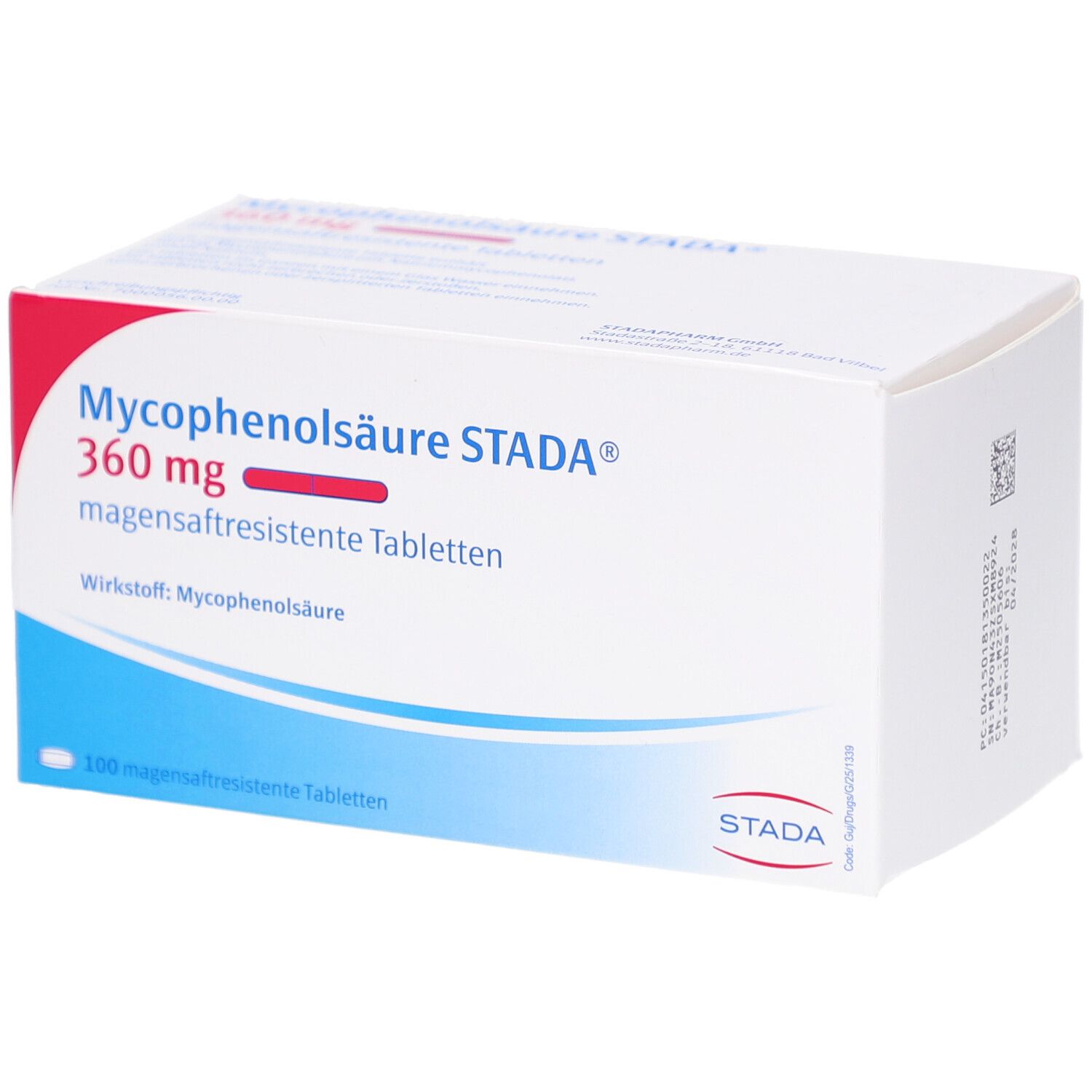 Schachtel mit Tabletten. Aufschrift: Mycophenolsäure STADA 360 mg magensaftresistente Tabletten. Marke STADA.