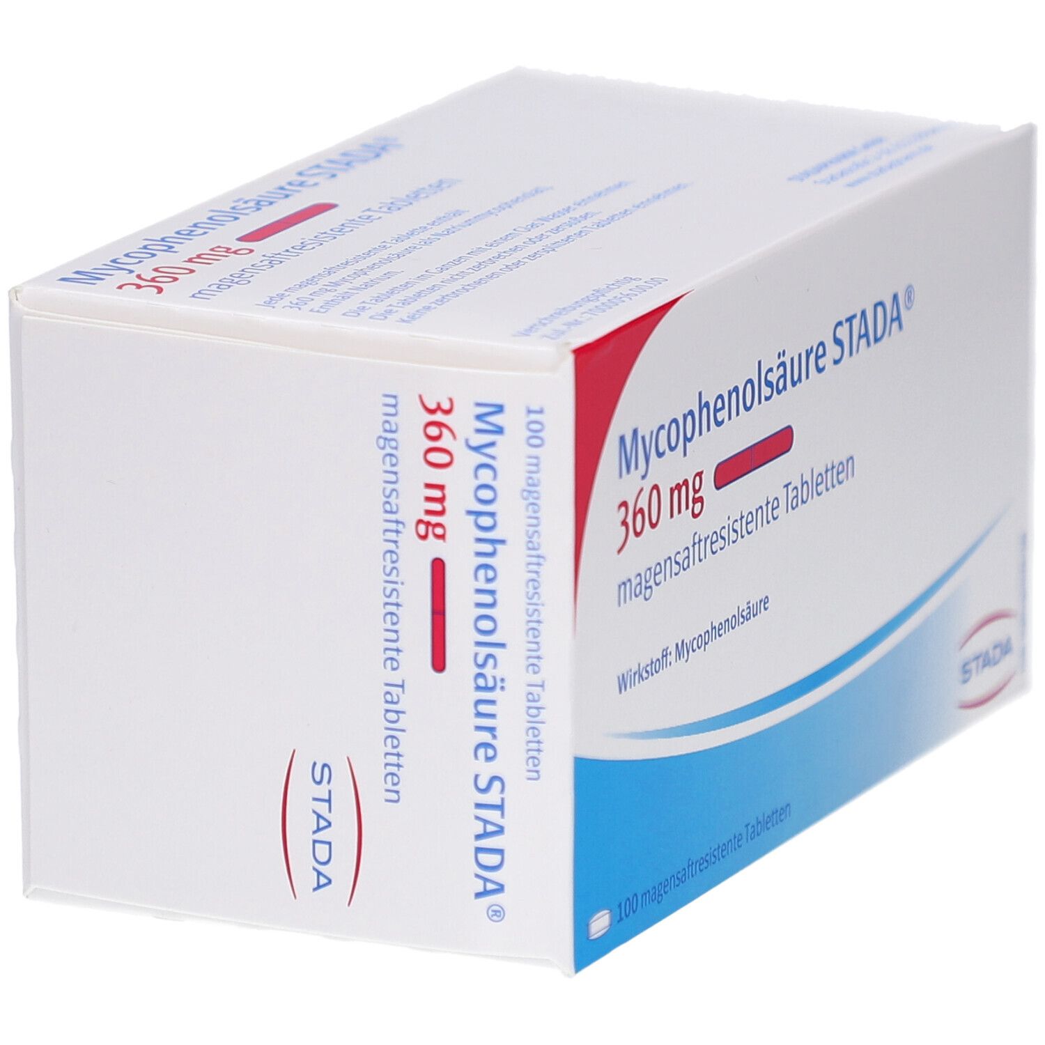 Schachtel mit Tabletten. Aufschrift: Mycophenolsäure STADA 360 mg magensaftresistente Tabletten. Marke STADA.