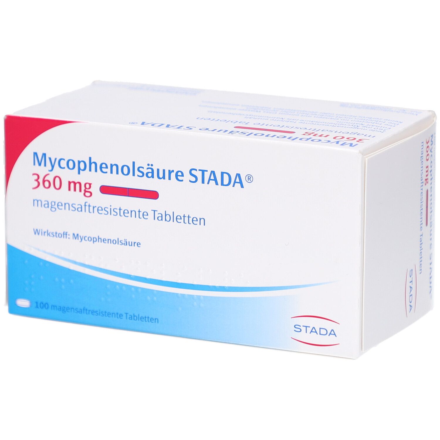 Schachtel mit Tabletten. Aufschrift: Mycophenolsäure STADA 360 mg magensaftresistente Tabletten. Marke STADA.