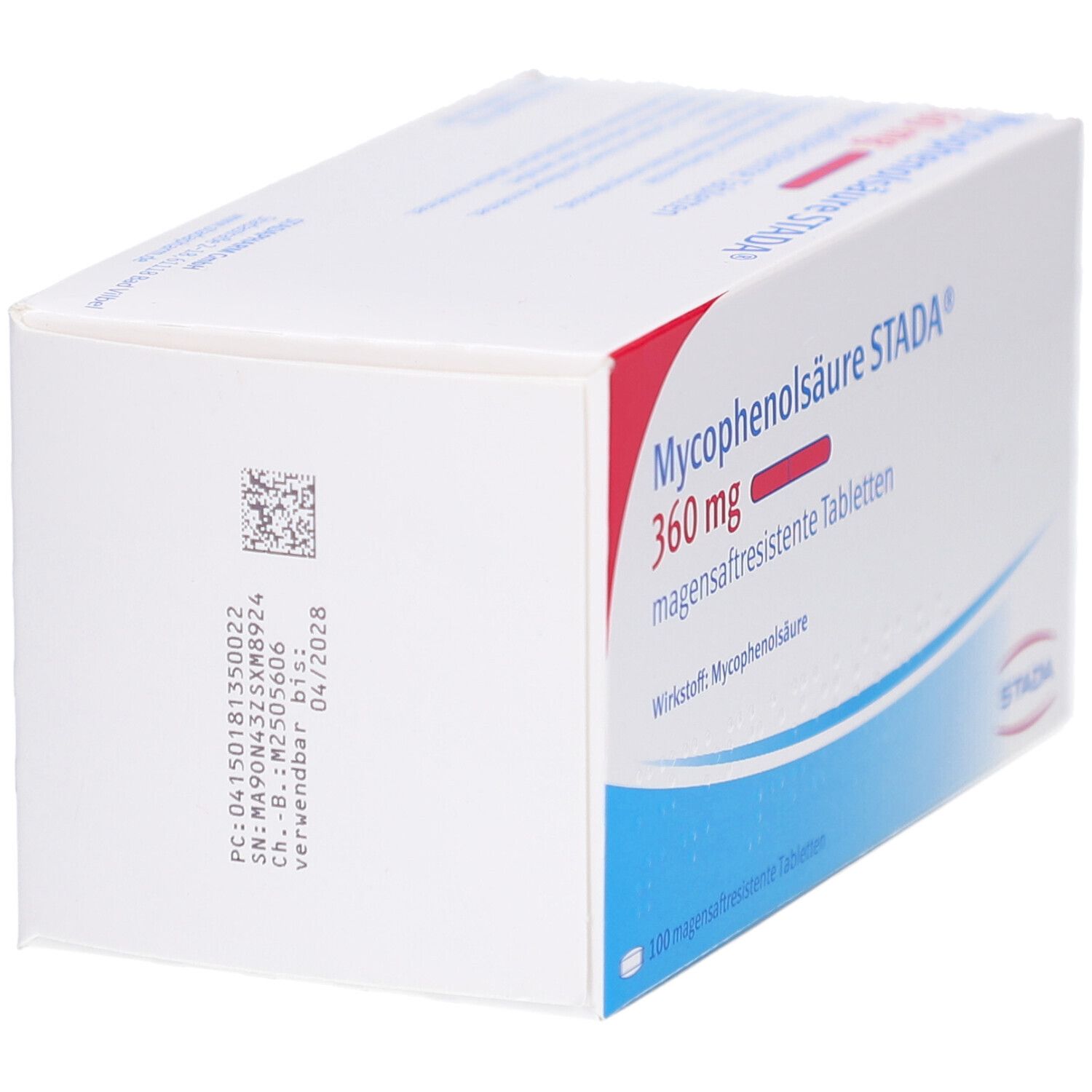 Schachtel mit Tabletten. Aufschrift: Mycophenolsäure STADA 360 mg magensaftresistente Tabletten. Marke STADA.