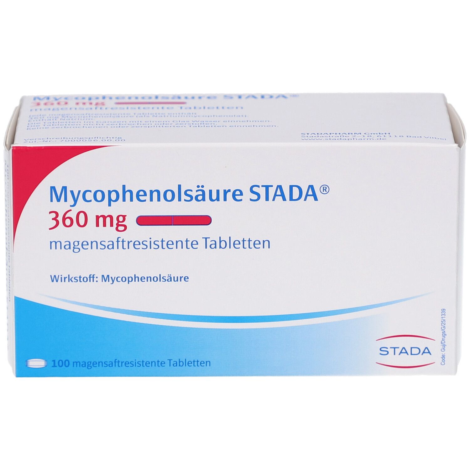 Schachtel mit Tabletten. Aufschrift: Mycophenolsäure STADA 360 mg magensaftresistente Tabletten. Marke STADA.