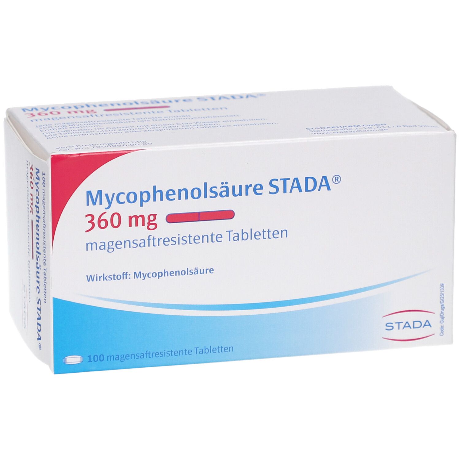 Schachtel mit Tabletten. Aufschrift: Mycophenolsäure STADA 360 mg magensaftresistente Tabletten. Marke STADA.