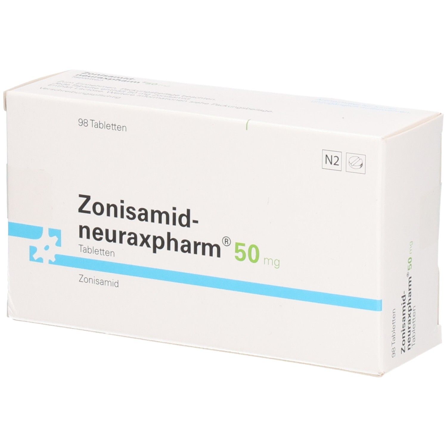 Schachtel Zonisamid-neuraxpharm 50 mg Tabletten. Weiß, mit blauer Linie und Schriftzug. 98 Tabletten.