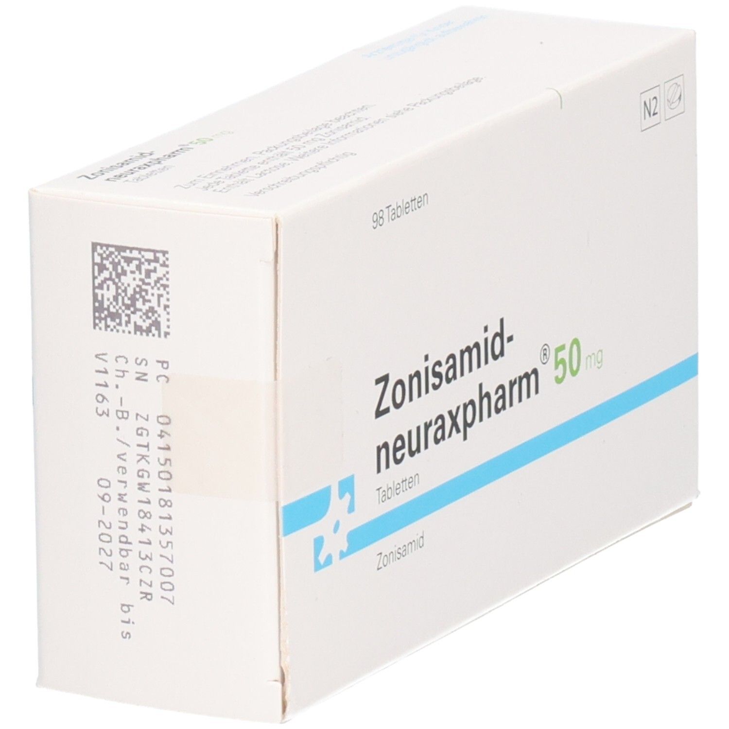 Schachtel Zonisamid-neuraxpharm 50 mg Tabletten. Weiß, mit blauer Linie und Schriftzug. 98 Tabletten.