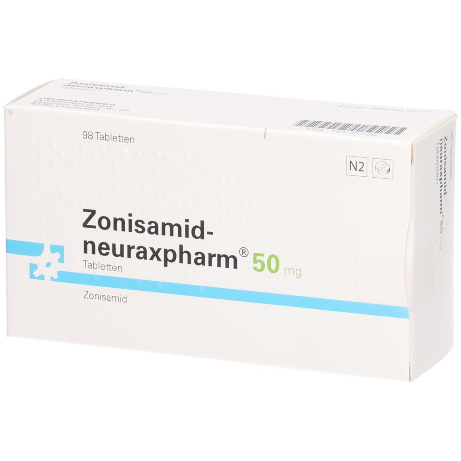 Schachtel Zonisamid-neuraxpharm 50 mg Tabletten. Weiß, mit blauer Linie und Schriftzug. 98 Tabletten.