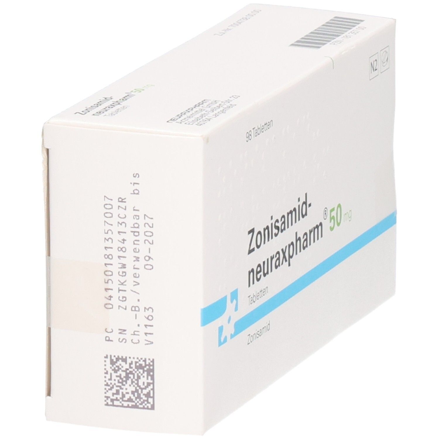Schachtel Zonisamid-neuraxpharm 50 mg Tabletten. Weiß, mit blauer Linie und Schriftzug. 98 Tabletten.