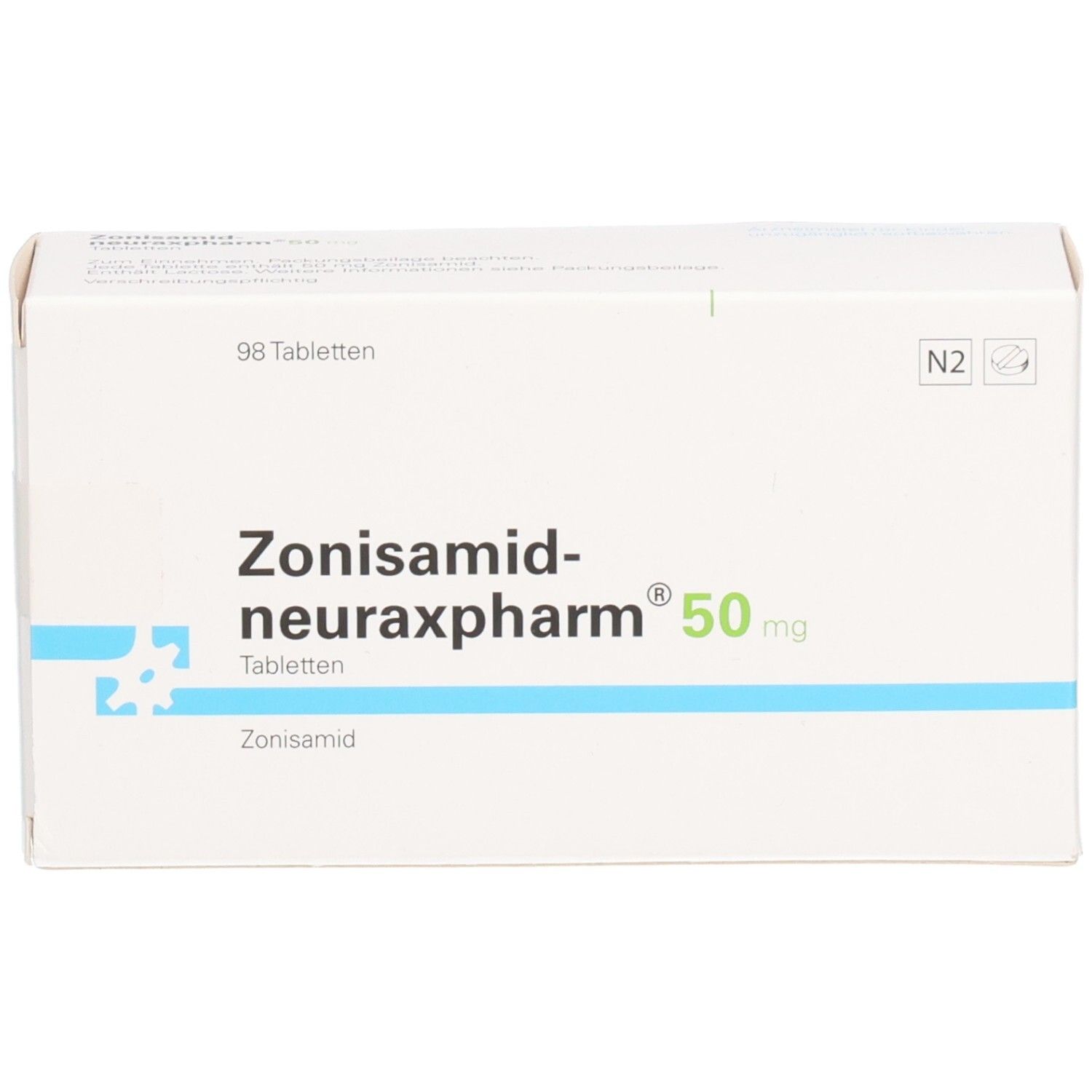 Schachtel Zonisamid-neuraxpharm 50 mg Tabletten. Weiß, mit blauer Linie und Schriftzug. 98 Tabletten.