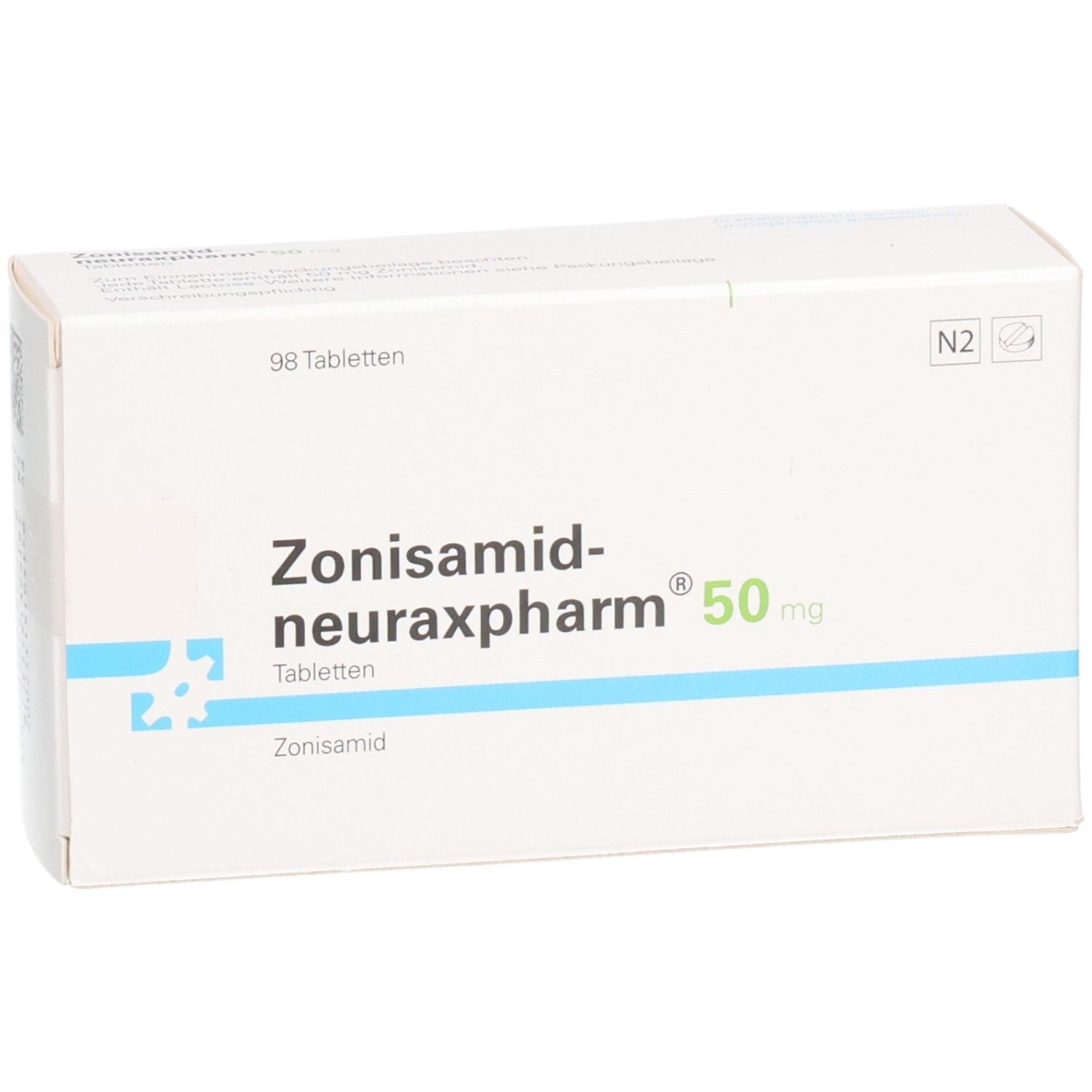 Schachtel Zonisamid-neuraxpharm 50 mg Tabletten. Weiß, mit blauer Linie und Schriftzug. 98 Tabletten.