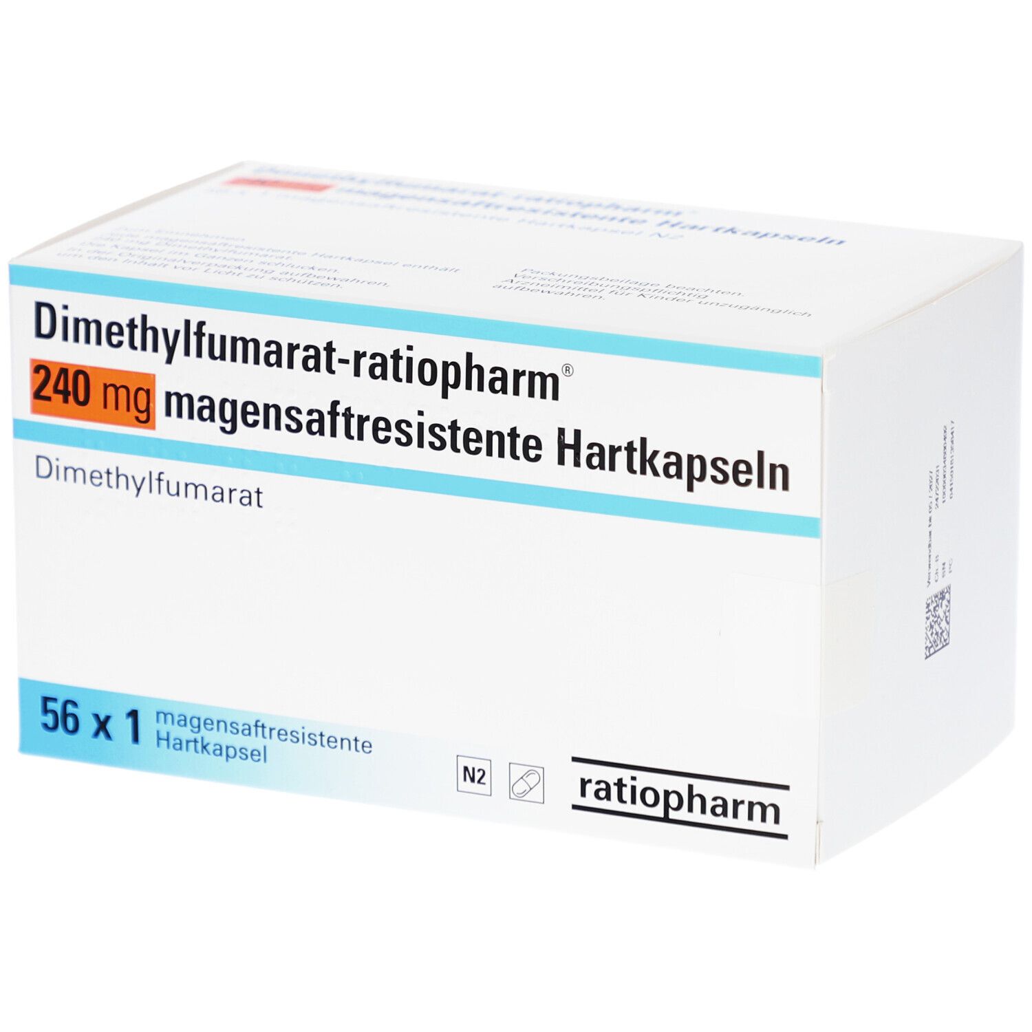 Weißer Karton mit blauen und orangefarbenen Akzenten. Aufdruck: Dimethylfumarat-ratiopharm 240 mg magensaftresistente Hartkapseln. 56 x 1.