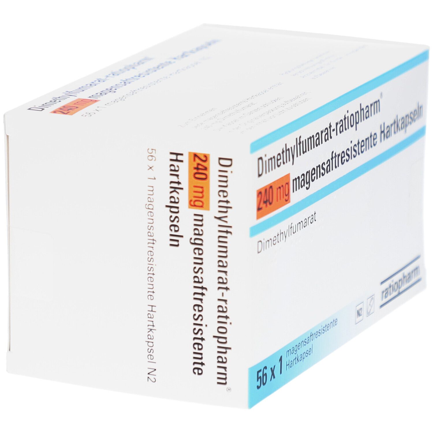 Karton mit Aufdruck: Dimethylfumarat-ratiopharm 240 mg magensaftresistente Hartkapseln. 56 x 1. Perspektivische Ansicht.