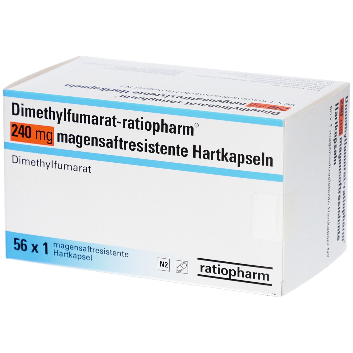 Weißer Karton mit blauen und orangefarbenen Akzenten. Aufdruck: Dimethylfumarat-ratiopharm 240 mg magensaftresistente Hartkapseln. 56 x 1.
