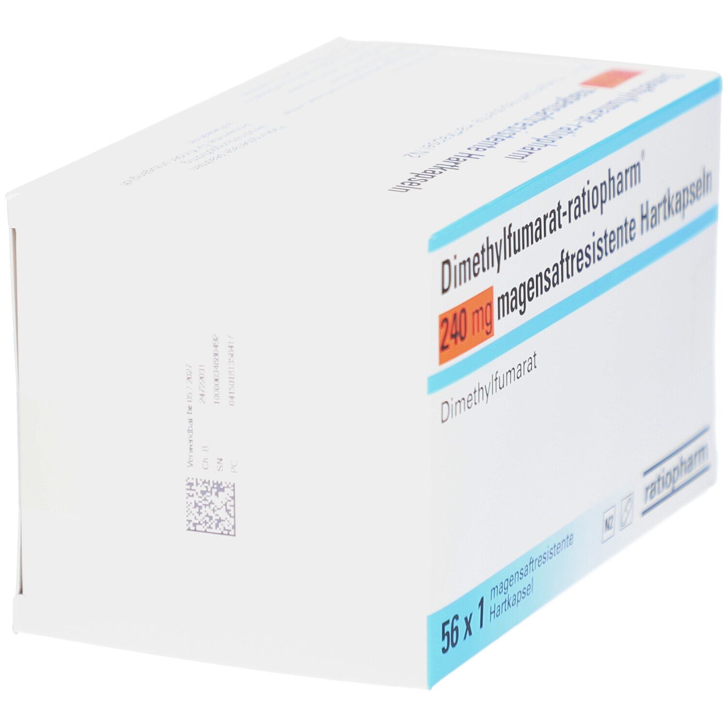 Karton mit Aufdruck: Dimethylfumarat-ratiopharm 240 mg magensaftresistente Hartkapseln. 56 x 1. Perspektivische Ansicht.