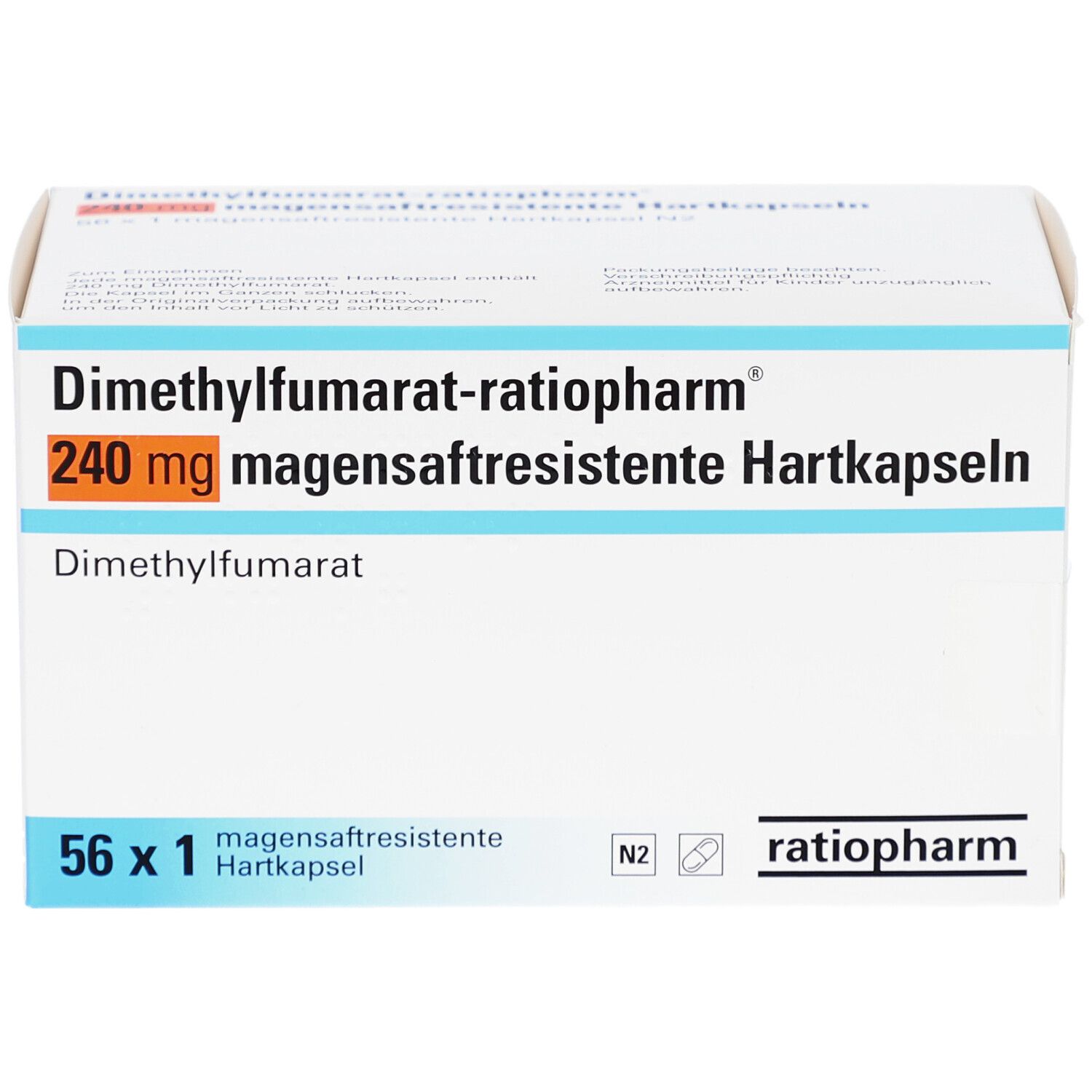 Weißer Karton mit blauen und orangefarbenen Akzenten. Aufdruck: Dimethylfumarat-ratiopharm 240 mg magensaftresistente Hartkapseln. 56 x 1.