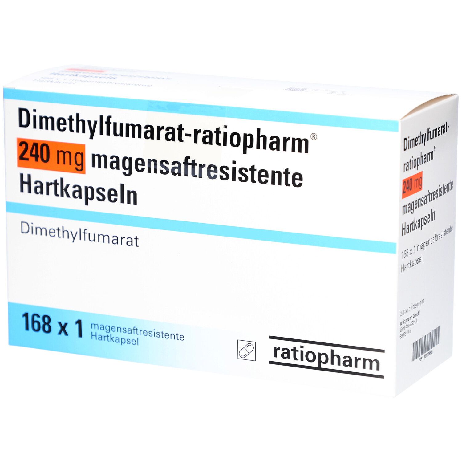 Schachtel mit DIMETHYLFUMARAT-ratiopharm 240 mg magensaftresistente Hartkapseln. 168 x 1 Kapseln. Logo ratiopharm.