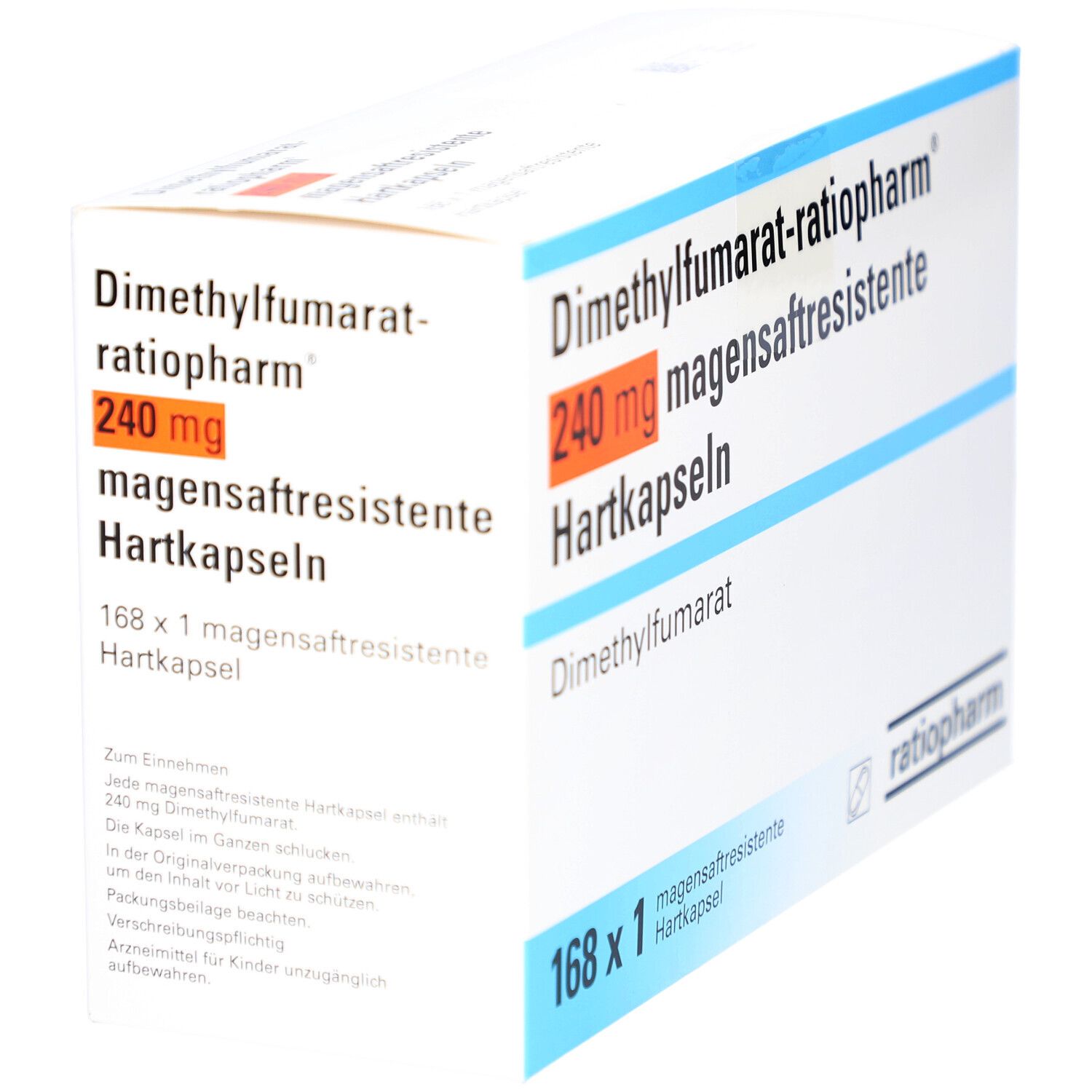 Schachtel mit DIMETHYLFUMARAT-ratiopharm 240 mg magensaftresistente Hartkapseln. 168 x 1 Kapseln. Logo ratiopharm.