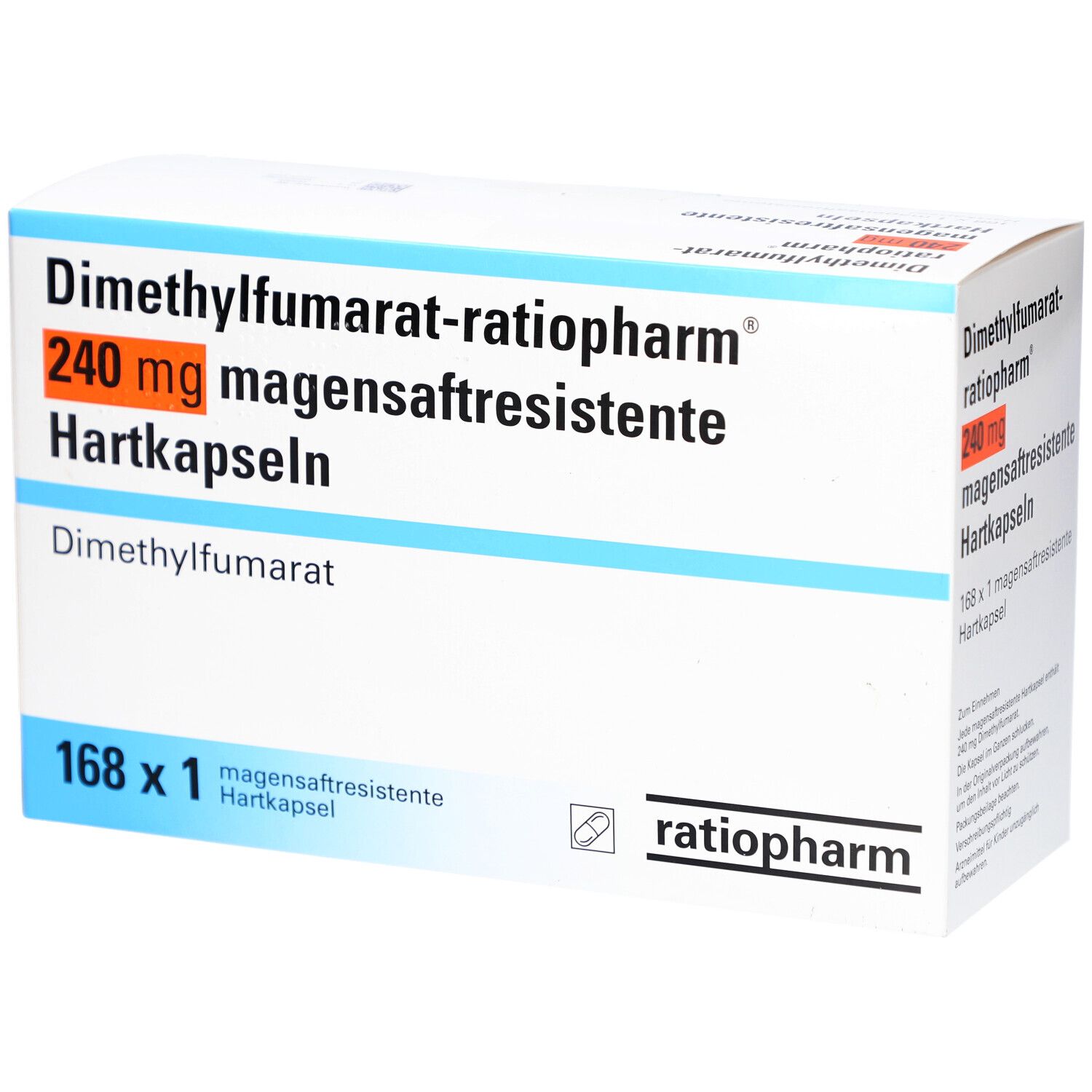 Schachtel mit DIMETHYLFUMARAT-ratiopharm 240 mg magensaftresistente Hartkapseln. 168 x 1 Kapseln. Logo ratiopharm.