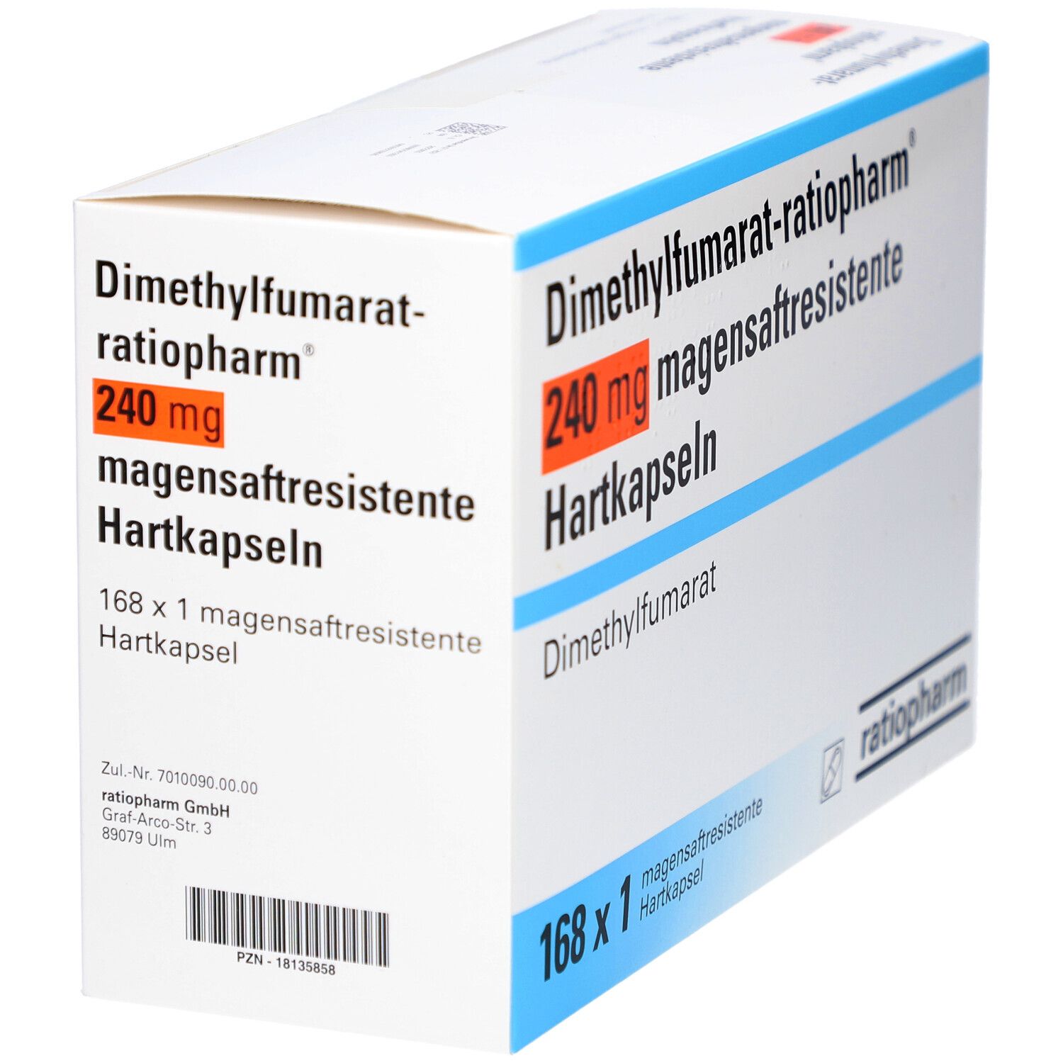 Schachtel mit DIMETHYLFUMARAT-ratiopharm 240 mg magensaftresistente Hartkapseln. 168 x 1 Kapseln. Logo ratiopharm.