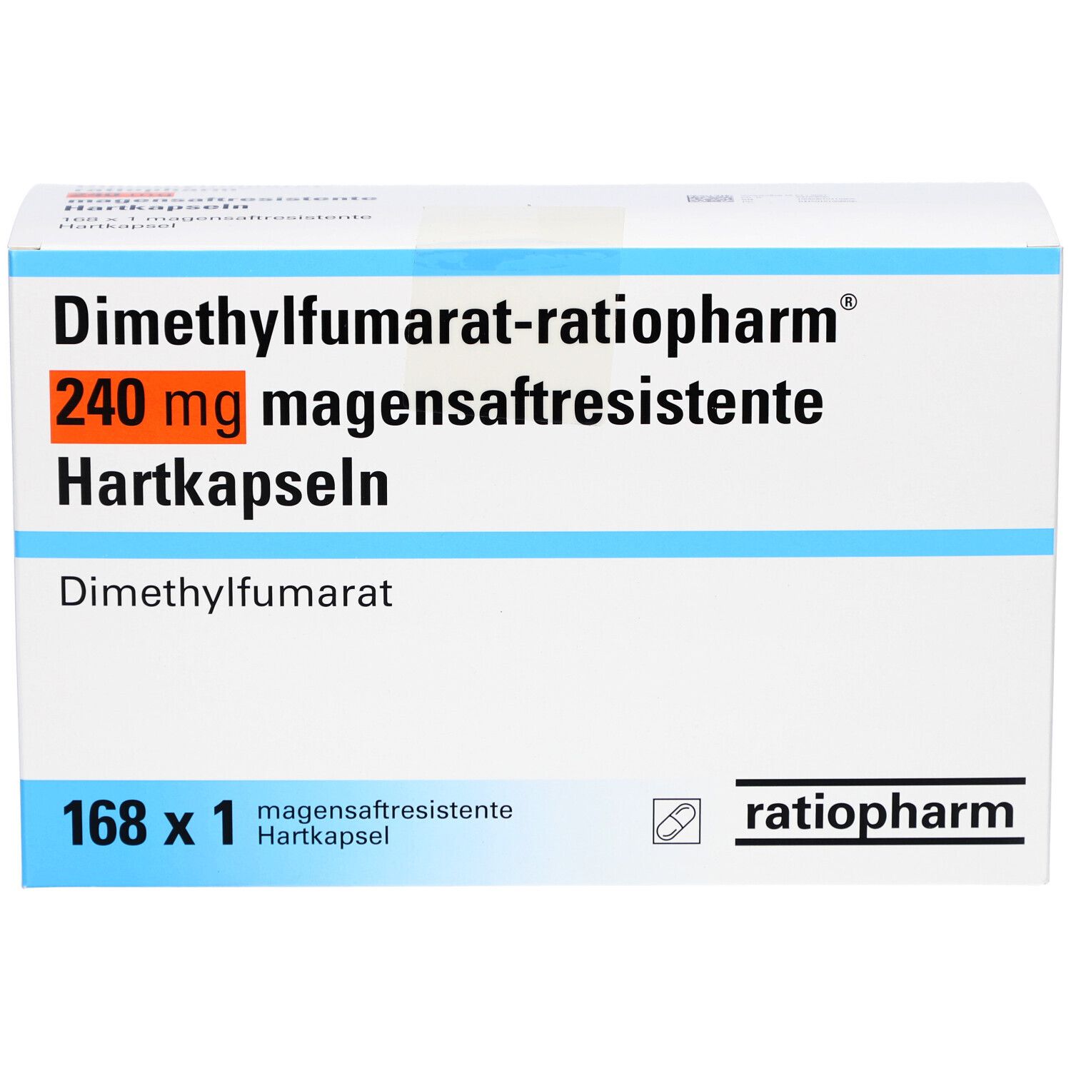 Schachtel mit DIMETHYLFUMARAT-ratiopharm 240 mg magensaftresistente Hartkapseln. 168 x 1 Kapseln. Logo ratiopharm.