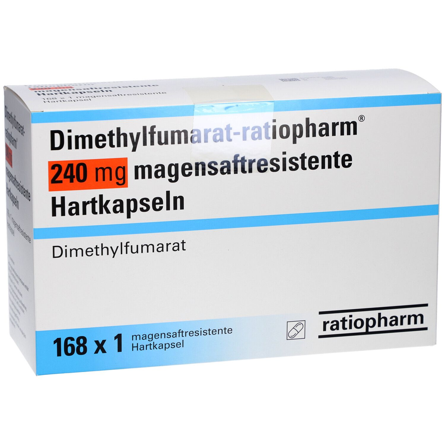 Schachtel mit DIMETHYLFUMARAT-ratiopharm 240 mg magensaftresistente Hartkapseln. 168 x 1 Kapseln. Logo ratiopharm.