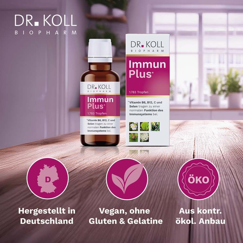 Flasche und Schachtel mit „DR. KOLL Immun Plus*“. Flasche mit weißem Deckel. Logos: Vegan, Öko, Hergestellt in Deutschland.