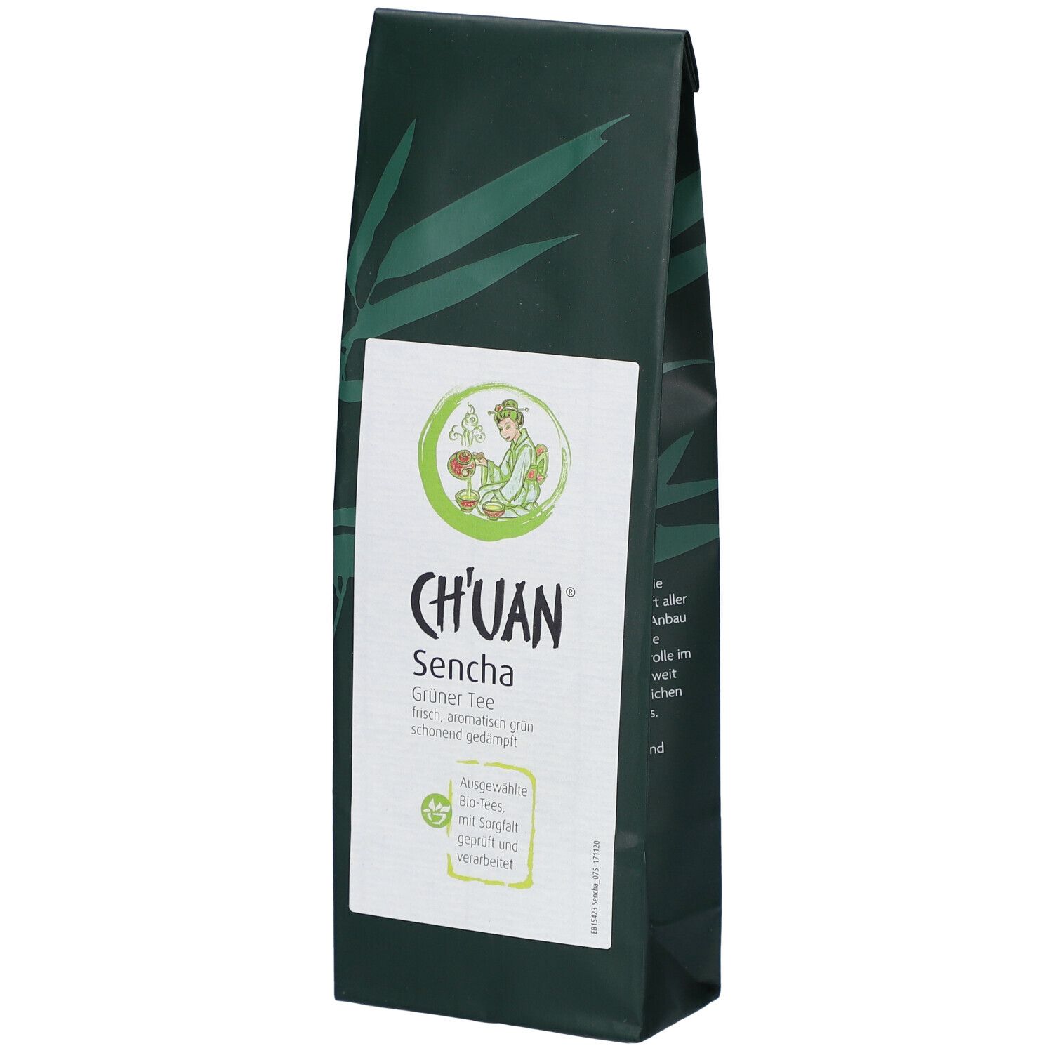 Dunkelgrüne Verpackung mit weißem Etikett. Aufschrift: CH'UAN Sencha Grüner Tee. Bio-Siegel.
