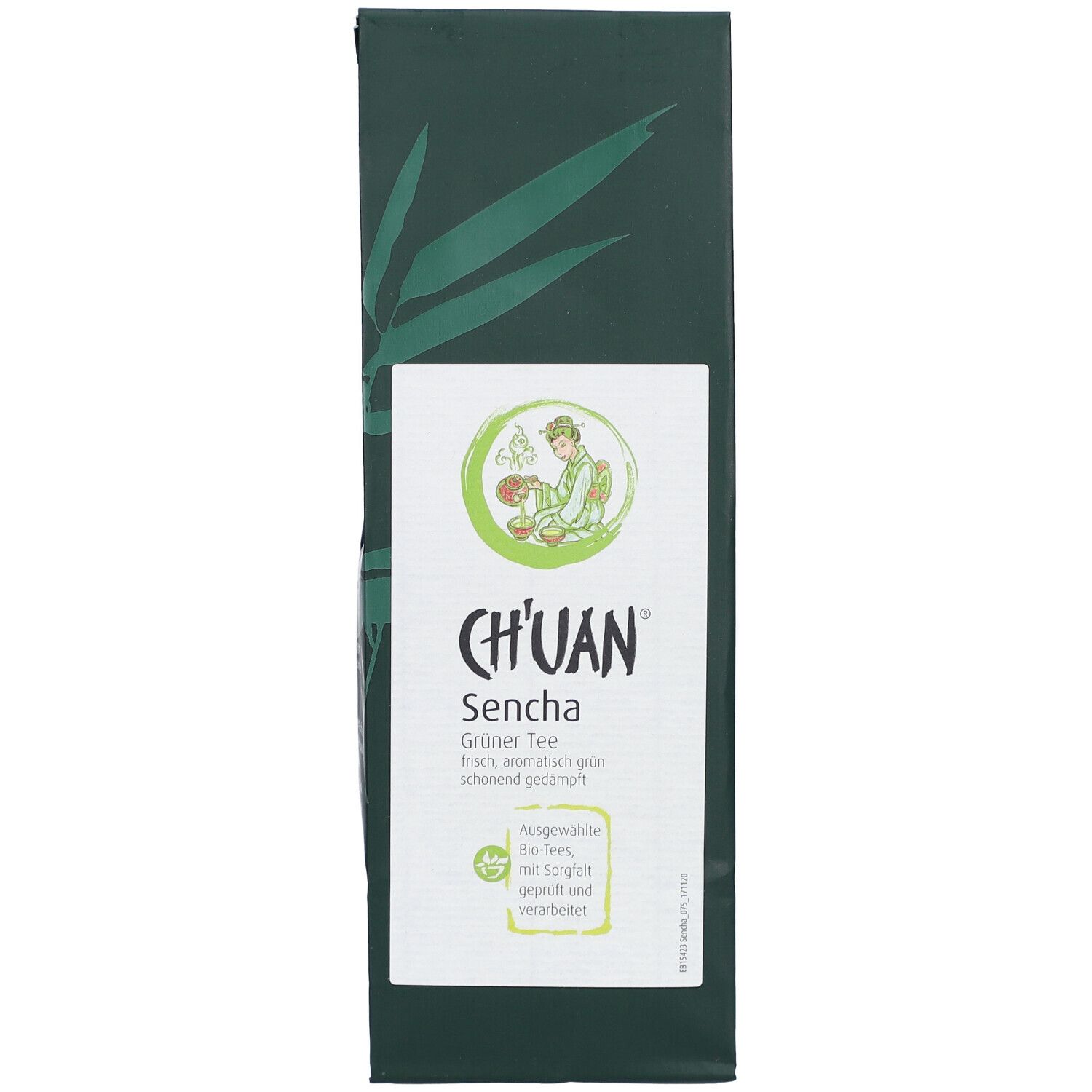Dunkelgrüne Verpackung mit weißem Etikett. Aufschrift: CH'UAN Sencha Grüner Tee. Bio-Siegel.