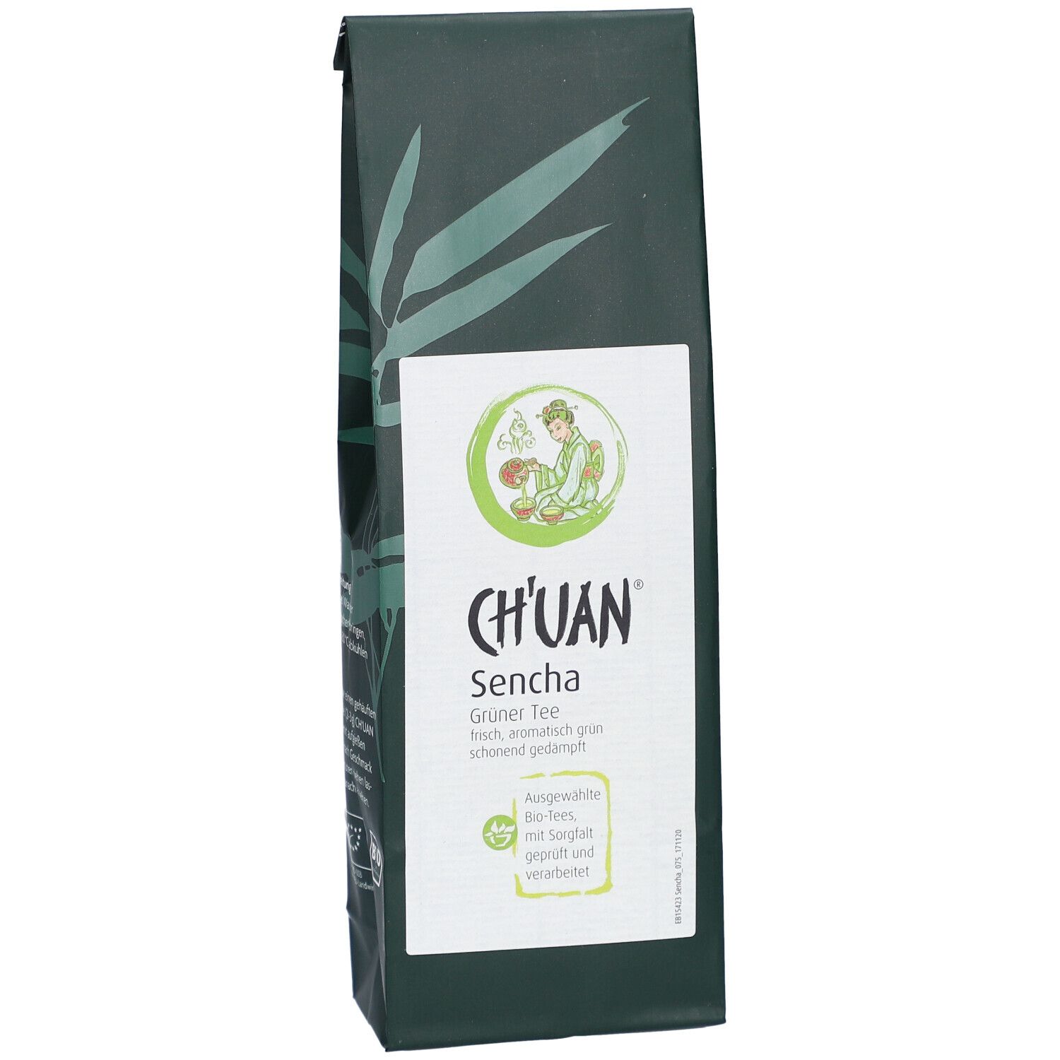Dunkelgrüne Verpackung mit weißem Etikett. Aufschrift: CH'UAN Sencha Grüner Tee. Bio-Siegel.