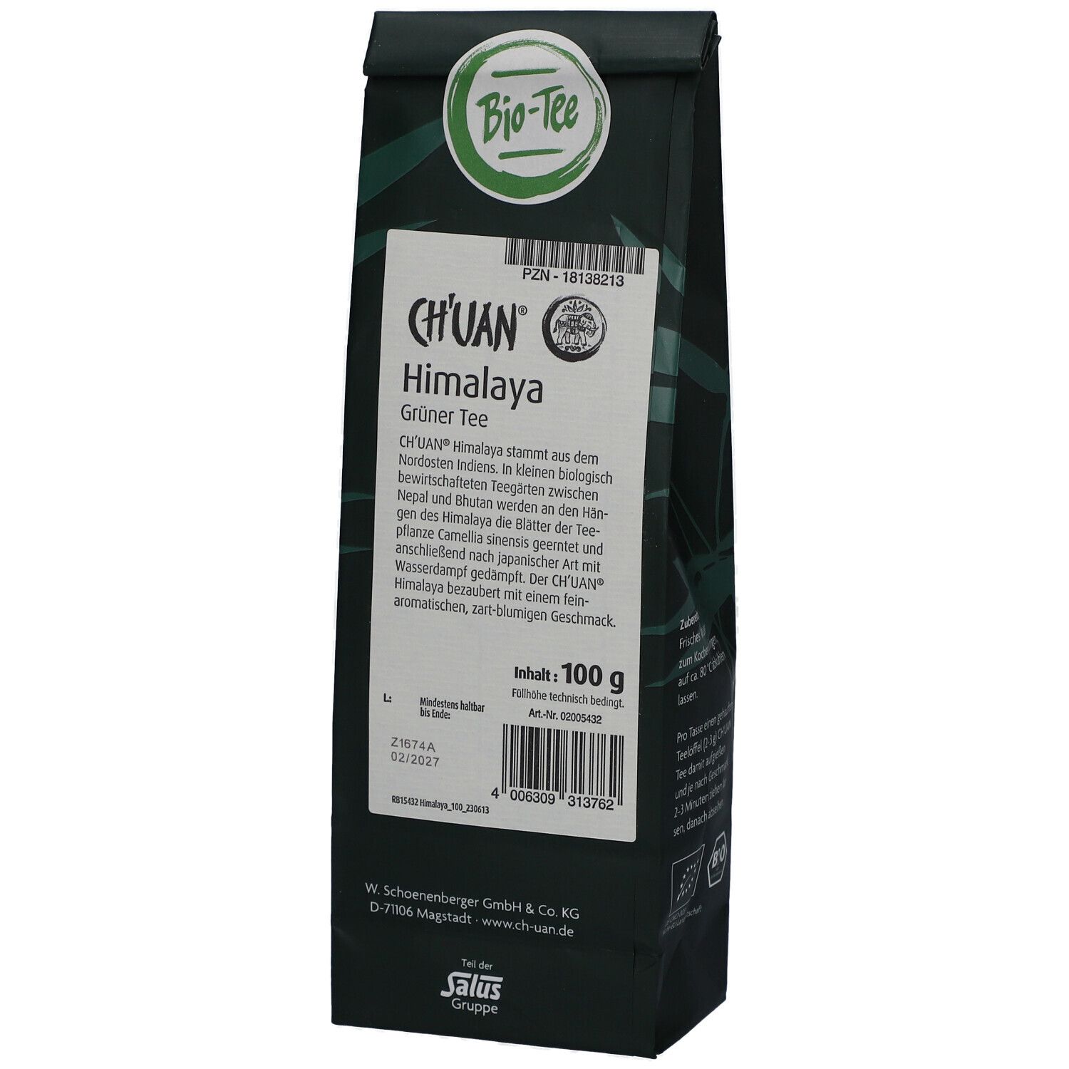 Dunkelgrüne Verpackung. CH'UAN Himalaya Grüner Tee. Bio-Tee. 100g. Text. Barcode. Salus Gruppe.