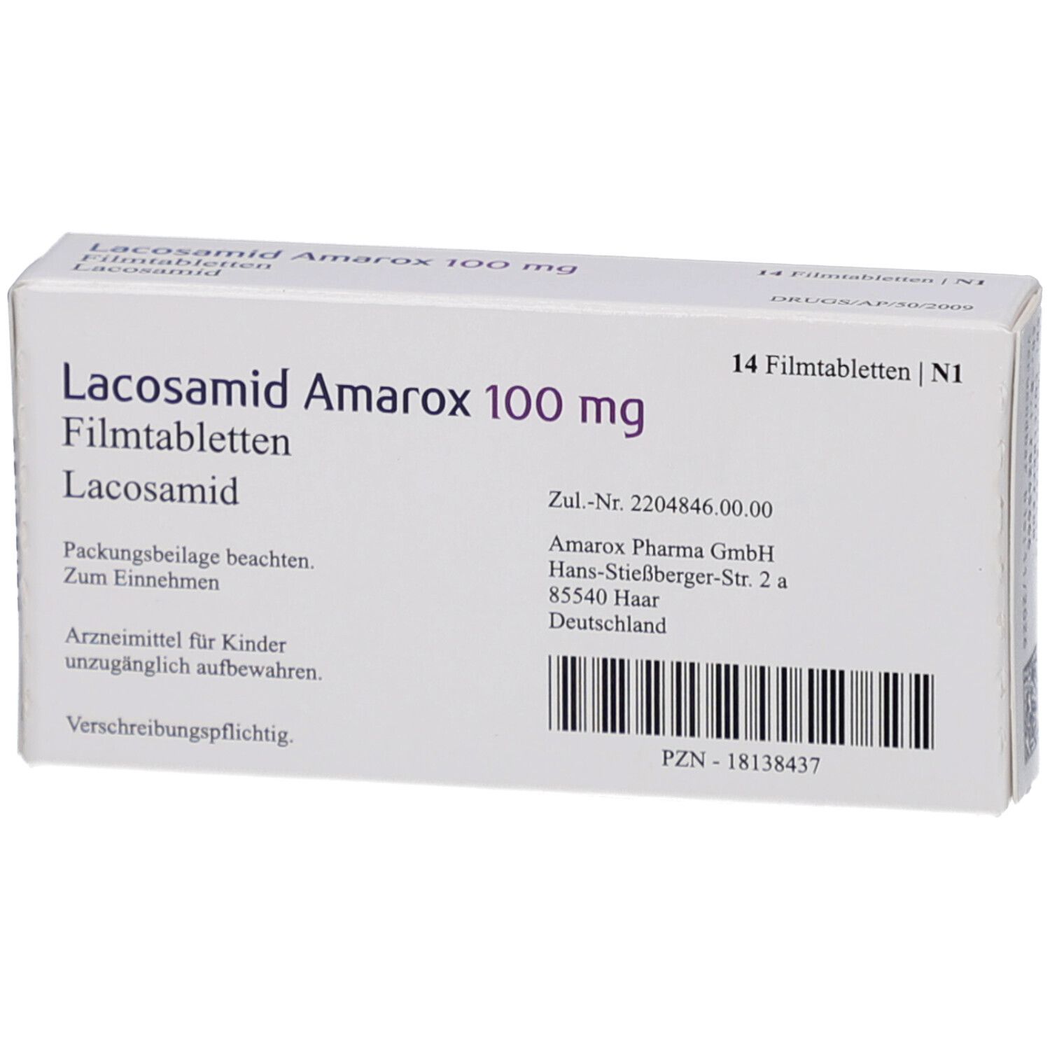 Rückseite der Schachtel LACOSAMID Amarox 100 mg Filmtabletten. Text: 14 Filmtabletten. Zul.-Nr. und Herstelleradresse. PZN-Nummer.